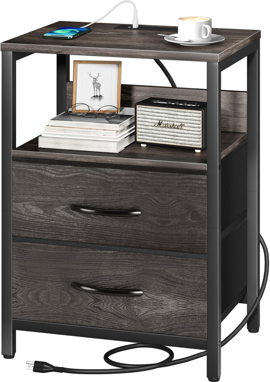 Nightstand with Charging Station, Small Night Stand with Fabric Drawers and Storage Shelf for Bedrooms, Small Spaces, Bedside Table with USB Ports & Outlets