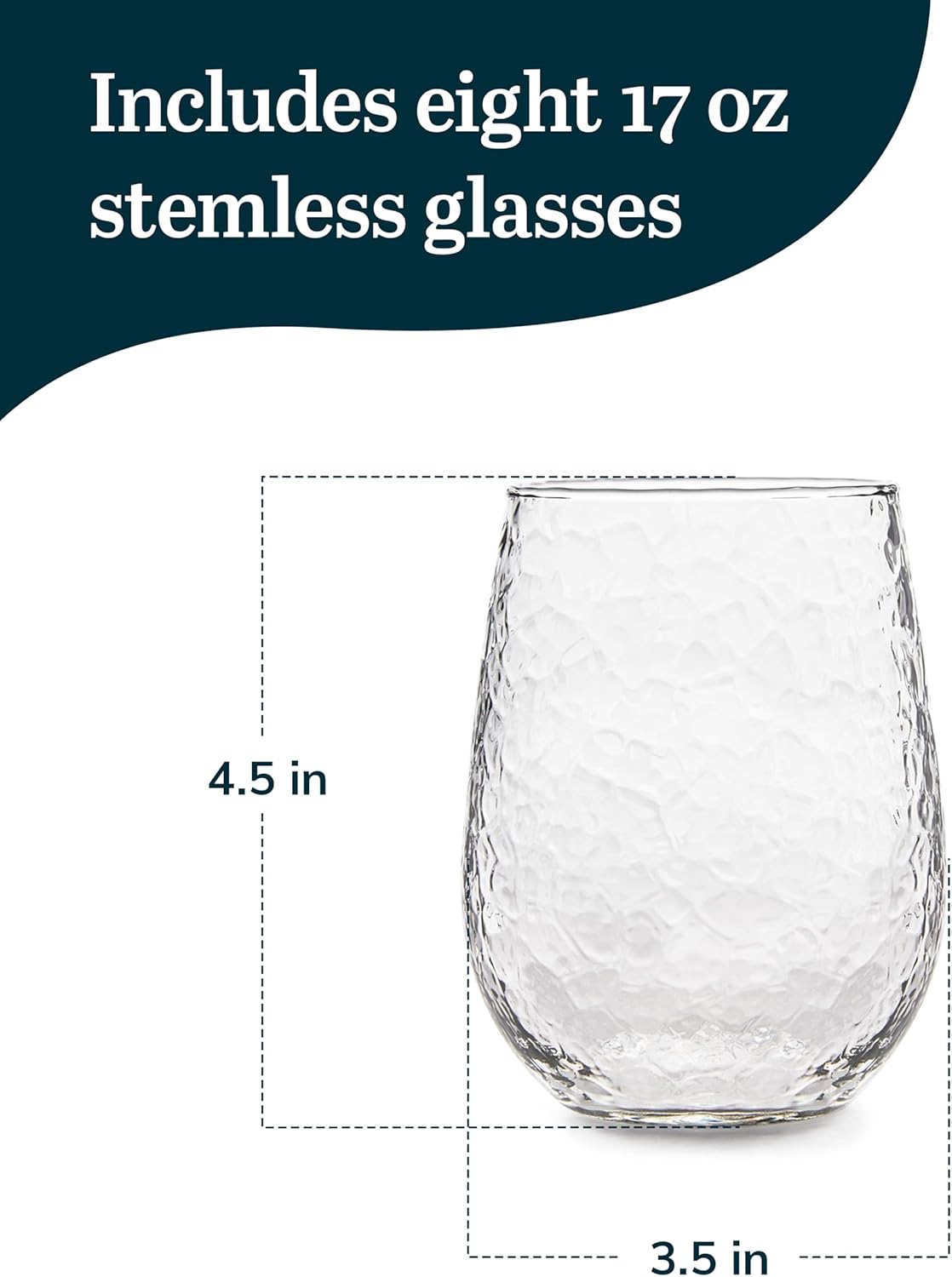 Libbey Hammered Stemless All-Purpose Wine Glasses, 17-ounce, Set of 8