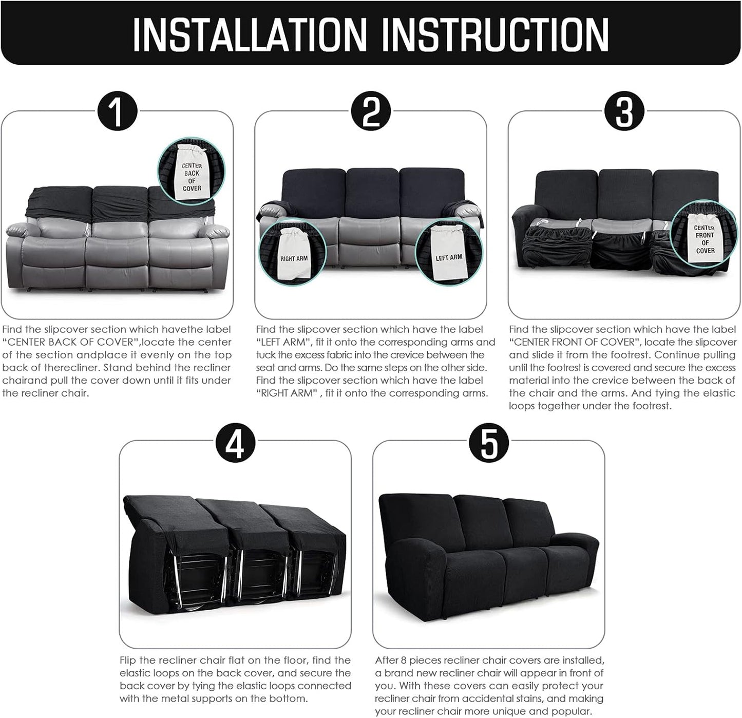 Recliner Sofa Covers 8-Pieces Stretch Large Couch Covers for 3 Seats Reclining Slipcovers Soft Jacquard Pattern Furniture Protector Black