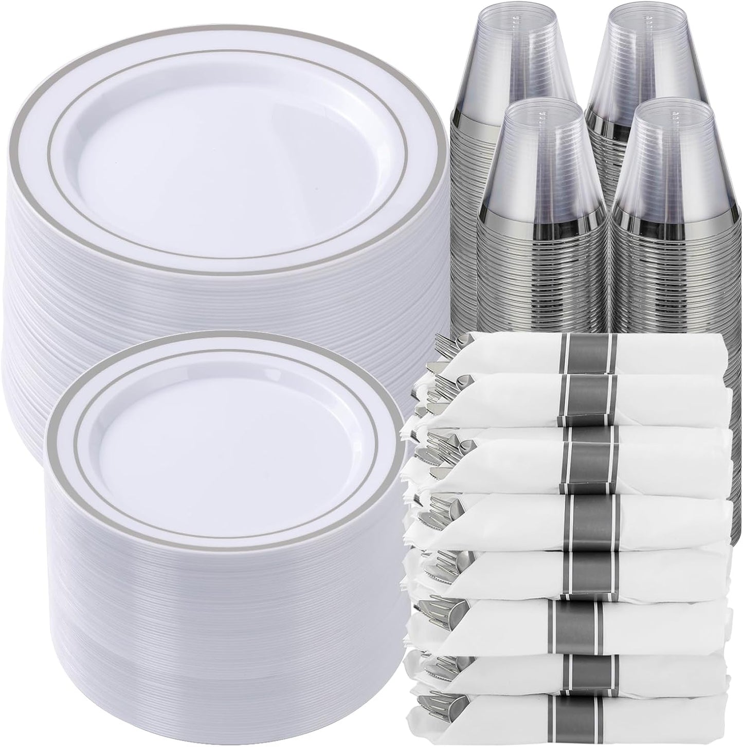 350 Piece Silver Plastic Dinnerware Set for 50 Guests, Fancy Disposable Plates for Party, Include: 50 Dinner Plates, 50 Dessert Plates, 50 Pre Rolled Napkins with Silver Silverware, 50 Cups