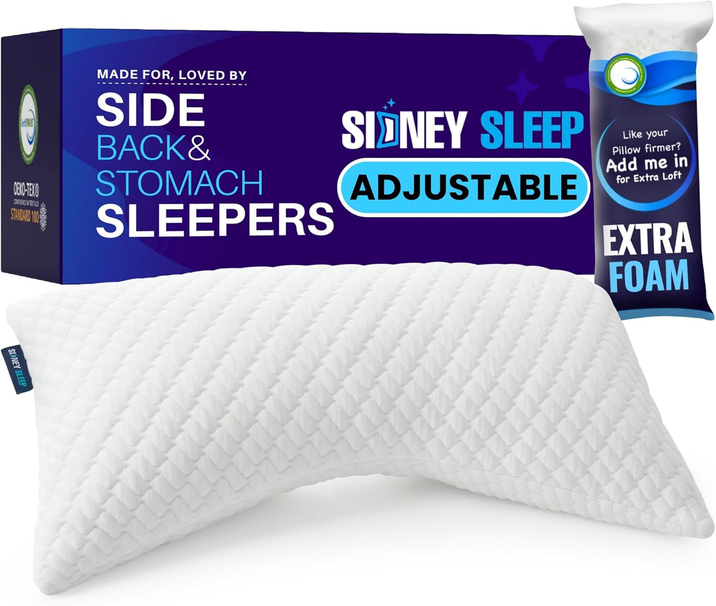 Pillow for Side and Back Sleepers - Comfort for Neck and Shoulder Pain - Adjustable and Customizable Shredded Memory Foam Filling - Queen Size - Additional Foam Fill Included (White)