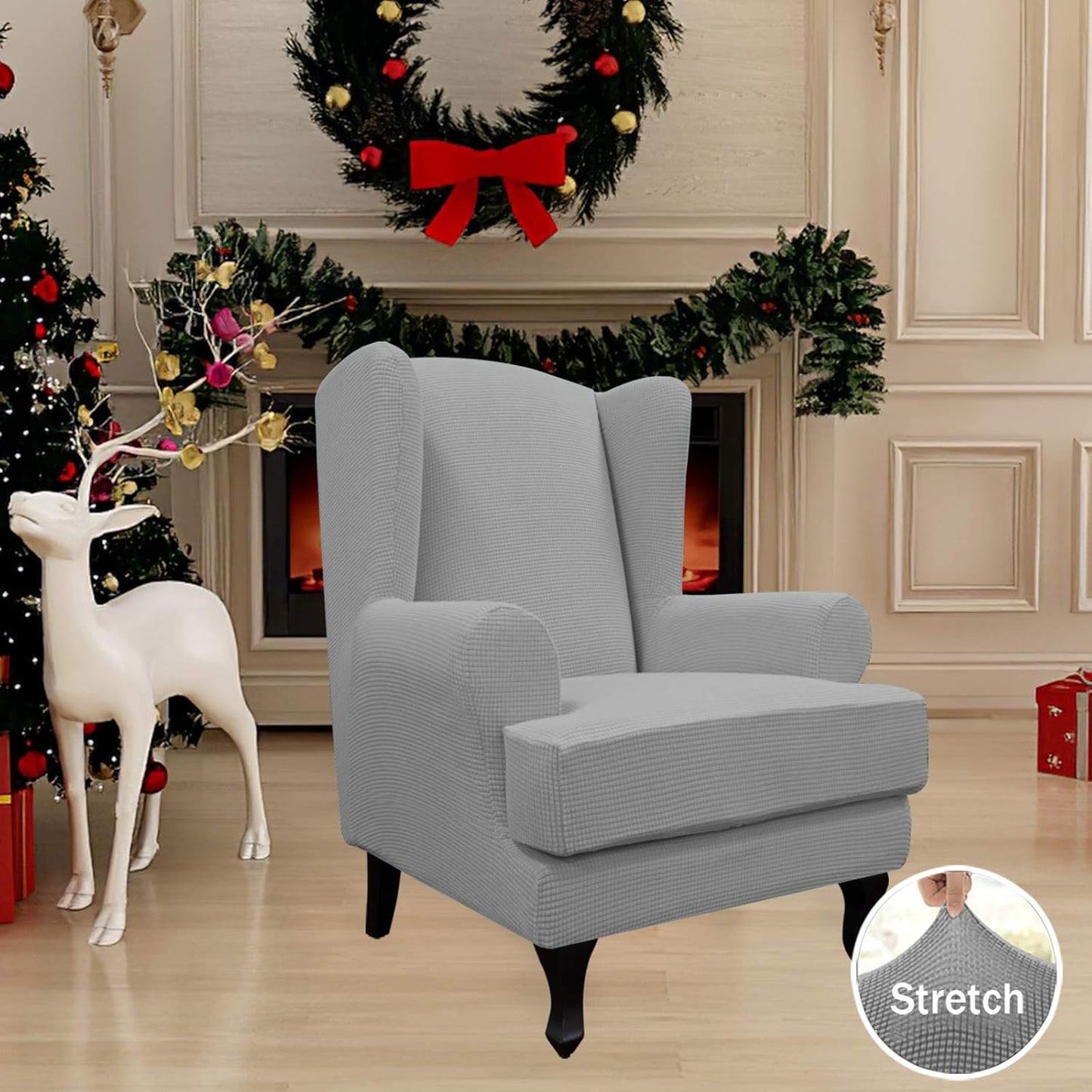 Stretch Wingback Chair Sofa Slipcover 2-Piece Sofa Cover Furniture Protector Couch Soft with Elastic Bottom, Spandex Jacquard Fabric Small Checks, Light Gray