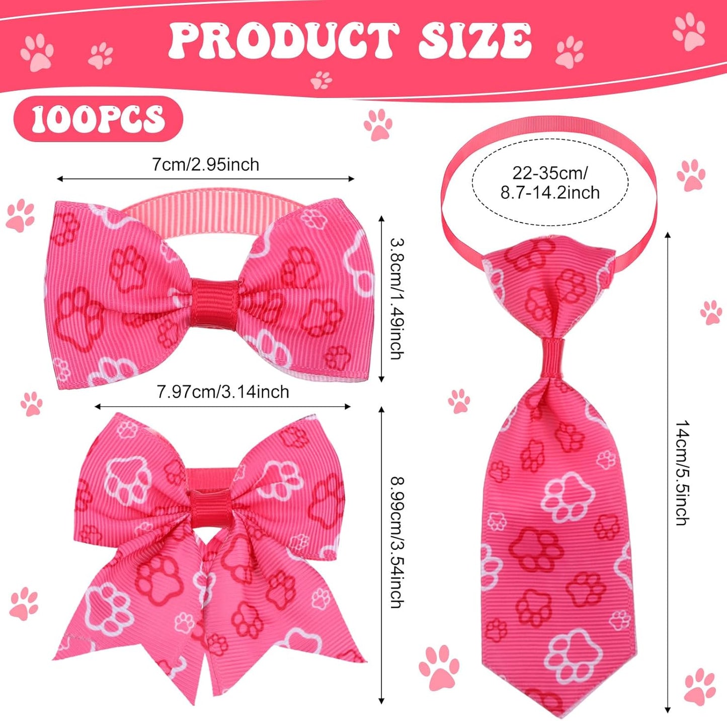 100 Pieces Dog Bow Tie Collar Set Include 40 Dog Neckties, and 30 Puppy Bowties, 30 Collar Flowers, Adjustable Pet Ties Grooming for Small Medium Cats Pets Supply(Paw Bone)