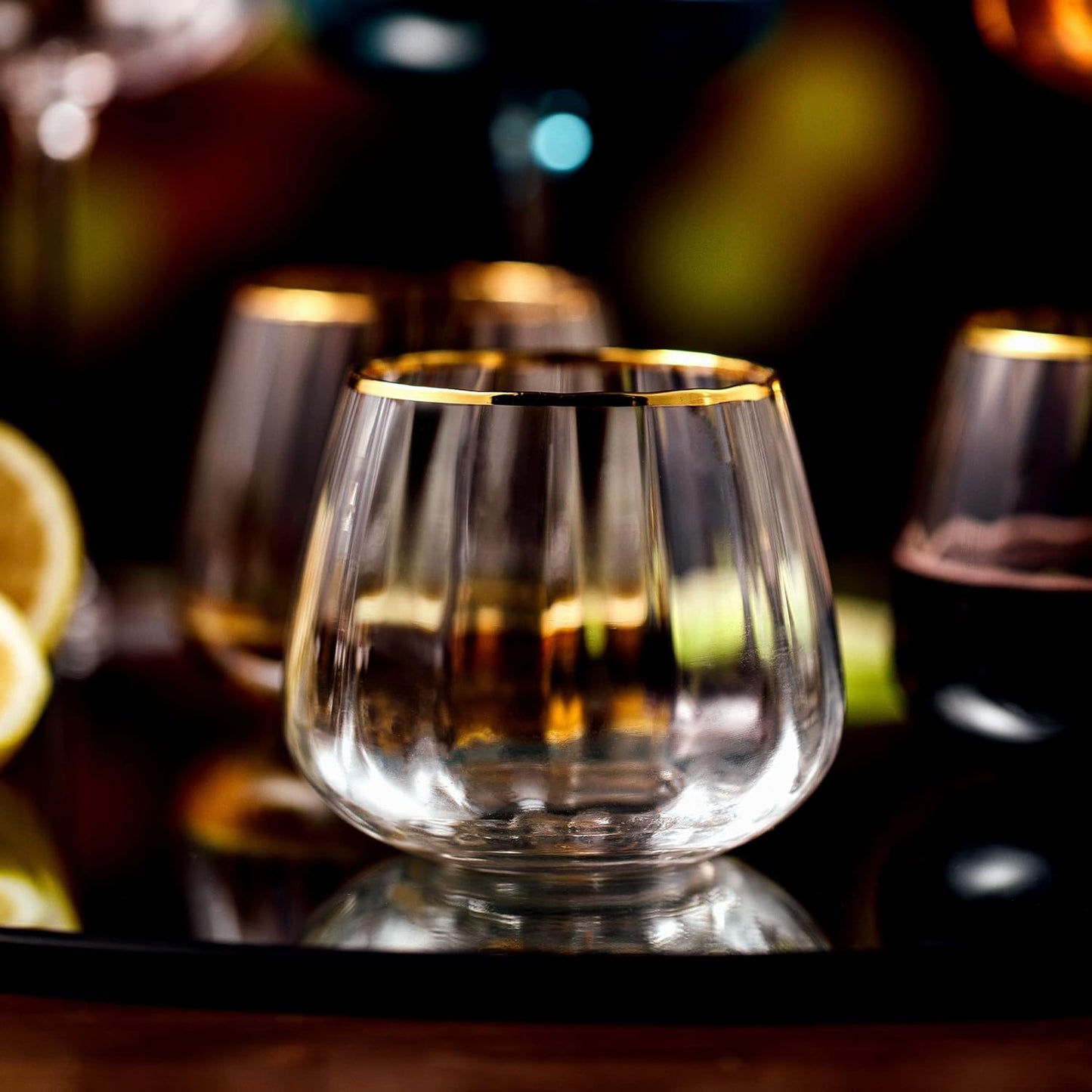 Stemless Wine Glasses Set of 4 - Premium Hand Blown Drinking Glasses for White and Red Wine - Elegant Wide Vertical Stripe and Gold Rim Design - Clear 11.8oz