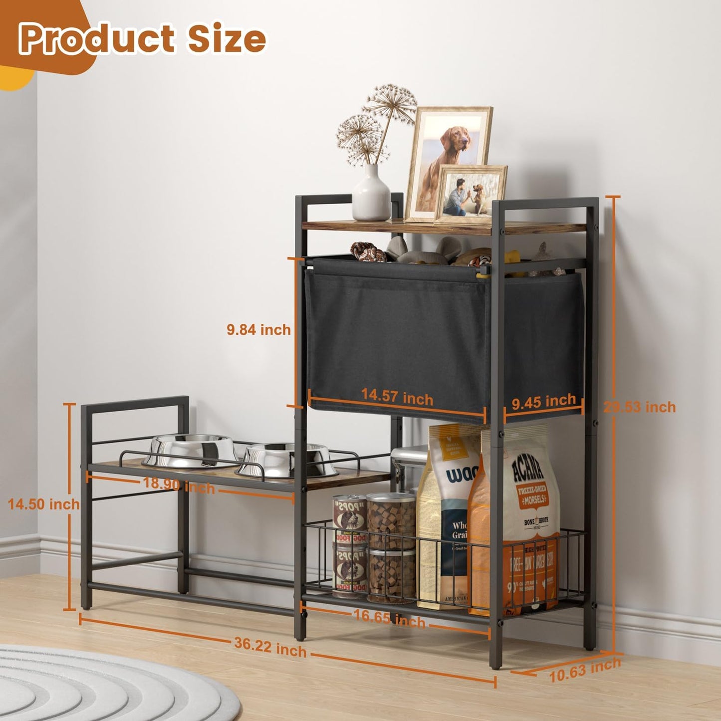Elevated Dog Bowls, Raised Dog Bowl Stand with Dog Toy Bin Basket Dog Food and Water Bowl Feeding Station, Lifted Dog Bowl Holder Cabinet with Pet Storage Organizer for Large Medium Small Dogs