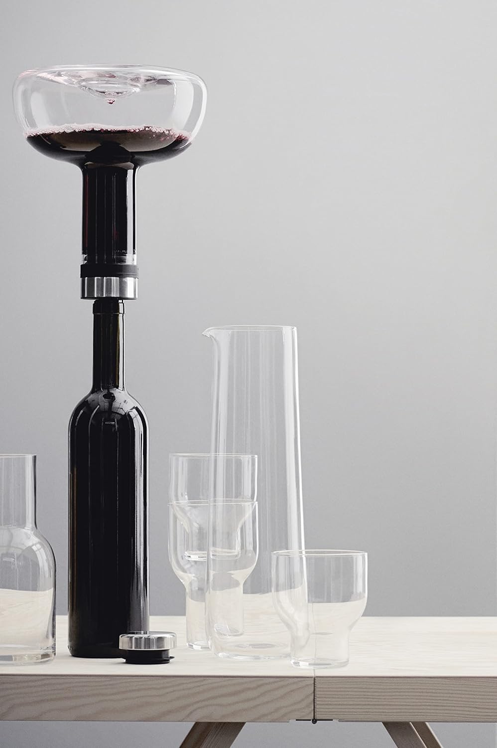 MENU Wine Breather for Red Wine, High-End Quality Glass Decanter, Original Scandinavian Designer Carafe with Built In Functional Aeator, Wine Accessory for Serving and Decanting (Clear-Silver)