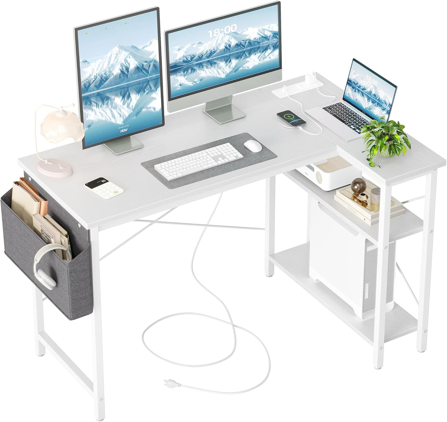 Small Computer Desk with Power Outlets, 40 Inch L Shaped Desk with Reversible Shelves, Gaming Desk Corner Desk Study Writing Table for Home Office Bedroom Living Room, Black