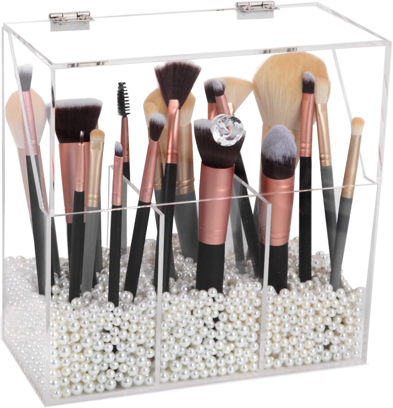 Acrylic Makeup Organizer, Clear Cosmetic Brush Storage Box With 4 Brush Holders,Makeup Brush Holder with Dust Cover, Large-capacity Split Design Can Quickly Organize the Desktop(No pearls)