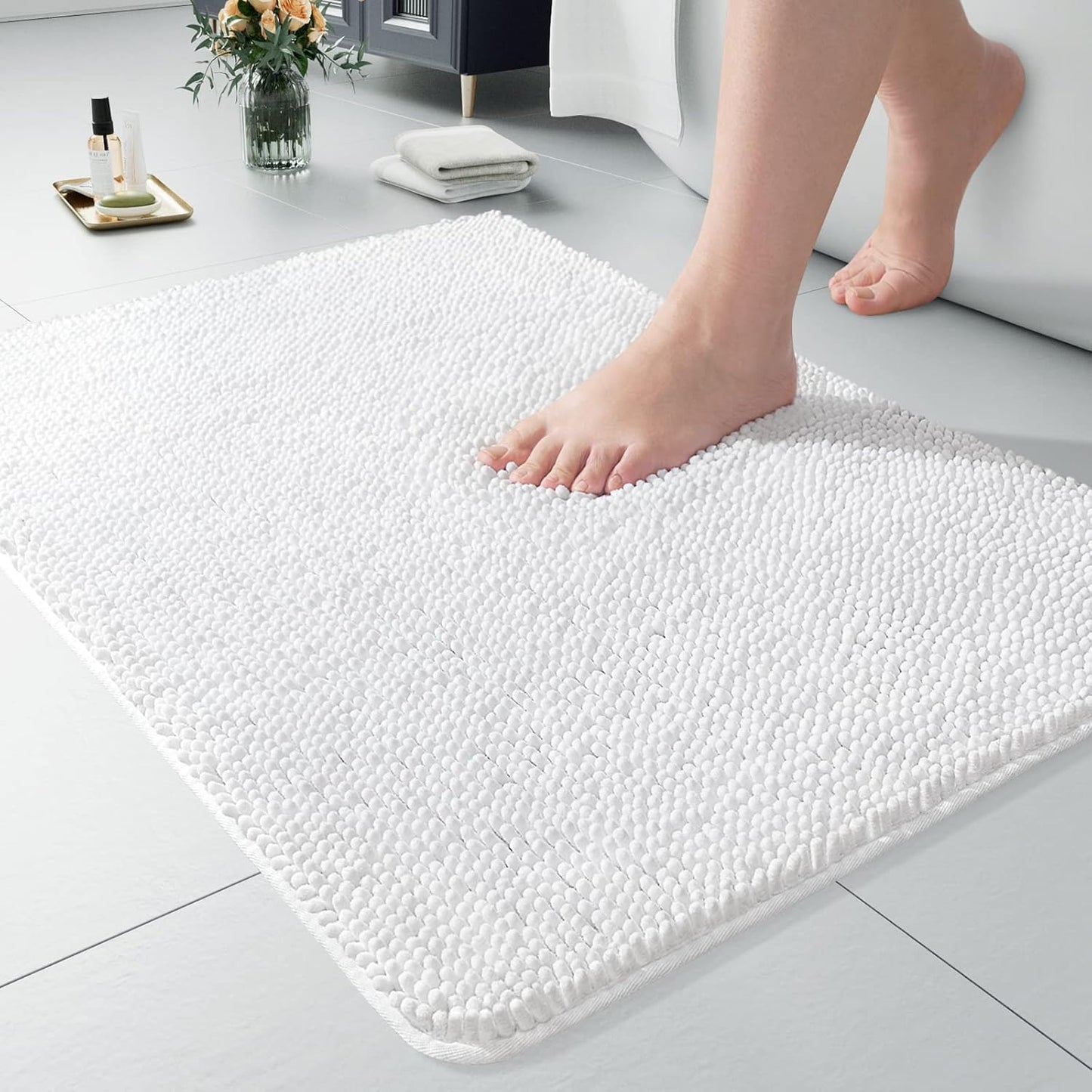 Luxury Bathroom Rug Shaggy Bath Mat 24 x 60 Inch, Washable Non Slip Bath Rugs for Bathroom Shower, Soft Plush Chenille Absorbent Carpets Mats, Black