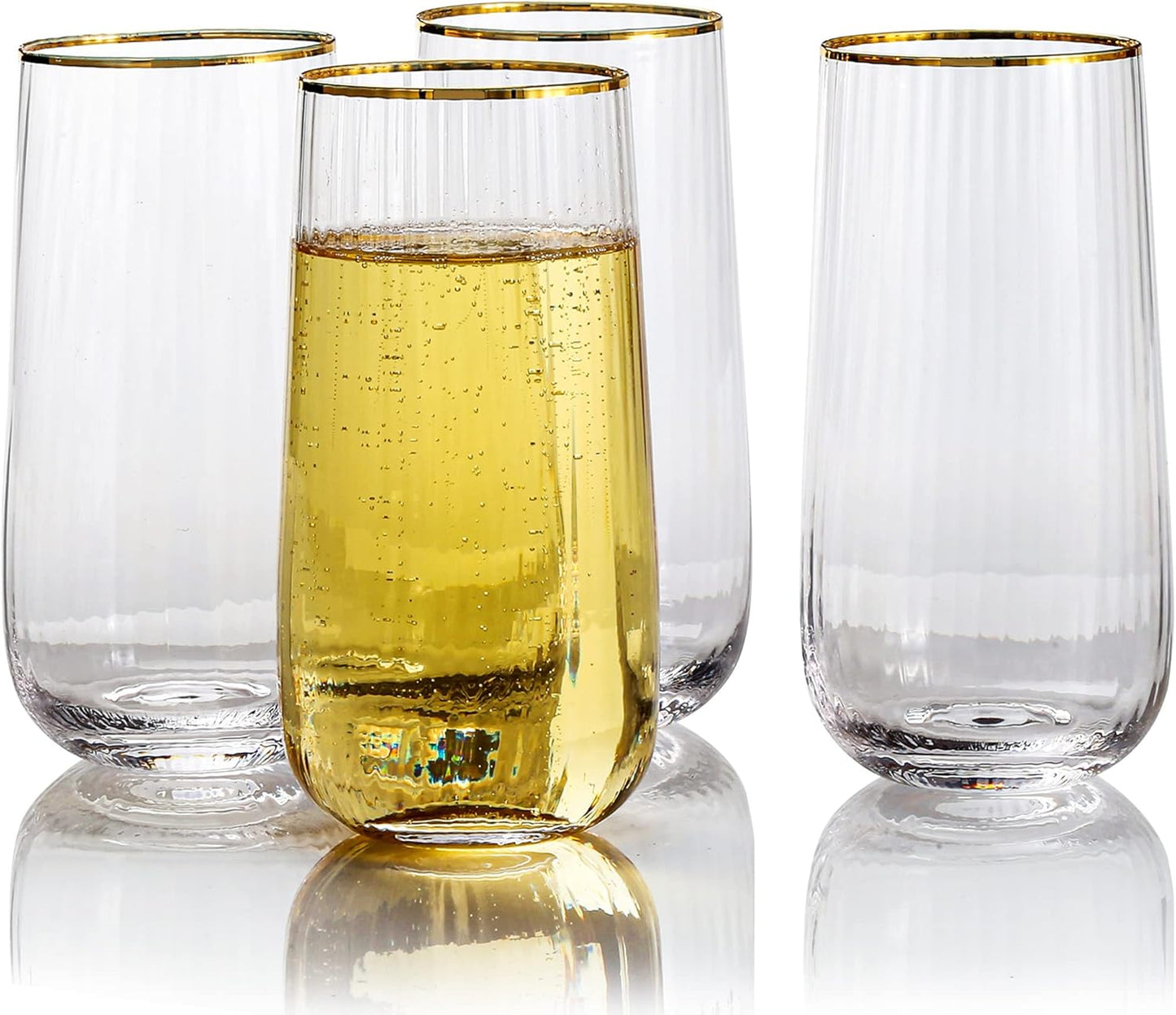 Stemless Wine Glasses Set of 4 - Premium Hand Blown Drinking Glasses for White and Red Wine - Elegant Wide Vertical Stripe and Gold Rim Design - Clear 11.8oz