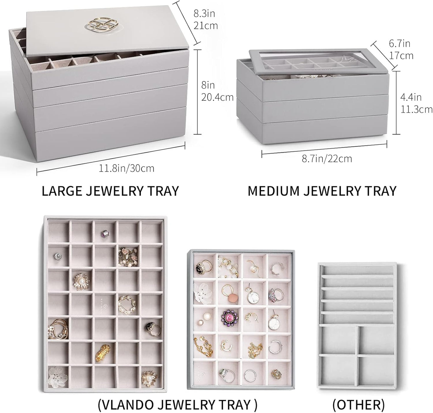 Jewelry Trays Stackable Showcase Display Drawer Organizer Storage Toughened Glass Lid Multi-Purpose Multiple Combinations Large Capacity Multi-Layer Design and Fashion-Grey