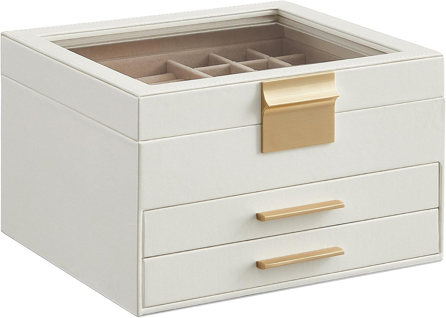 Jewelry Box with Glass Lid, 6-Layer Jewelry Organizer, 5 Drawers, for Big and Small Jewelry, Jewelry Storage, Modern Style, 8 x 9.1 x 9 Inches, Cloud White and Gold Color UJBC176W01