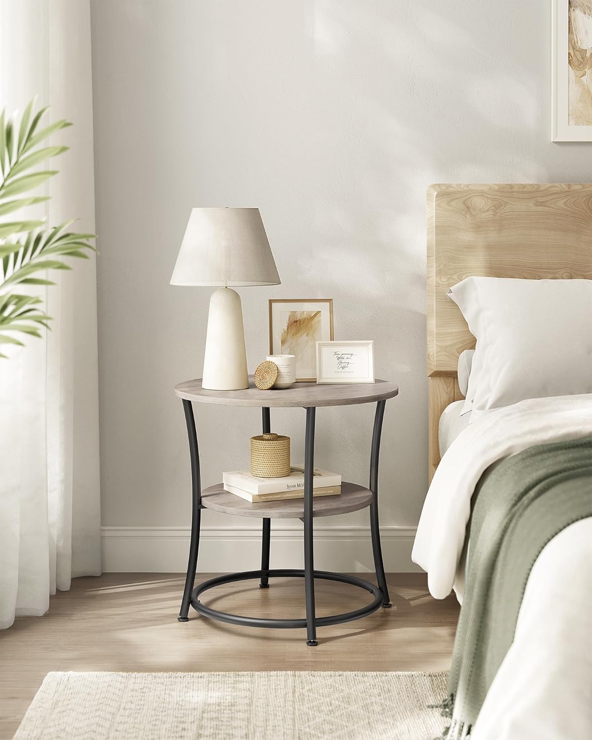 Side Table, Round End Table with 2 Storage Shelves for Living Room, Bedroom, Nightstand with Steel Frame for Small Spaces, Accent Coffee Table, Greige and Ink Black