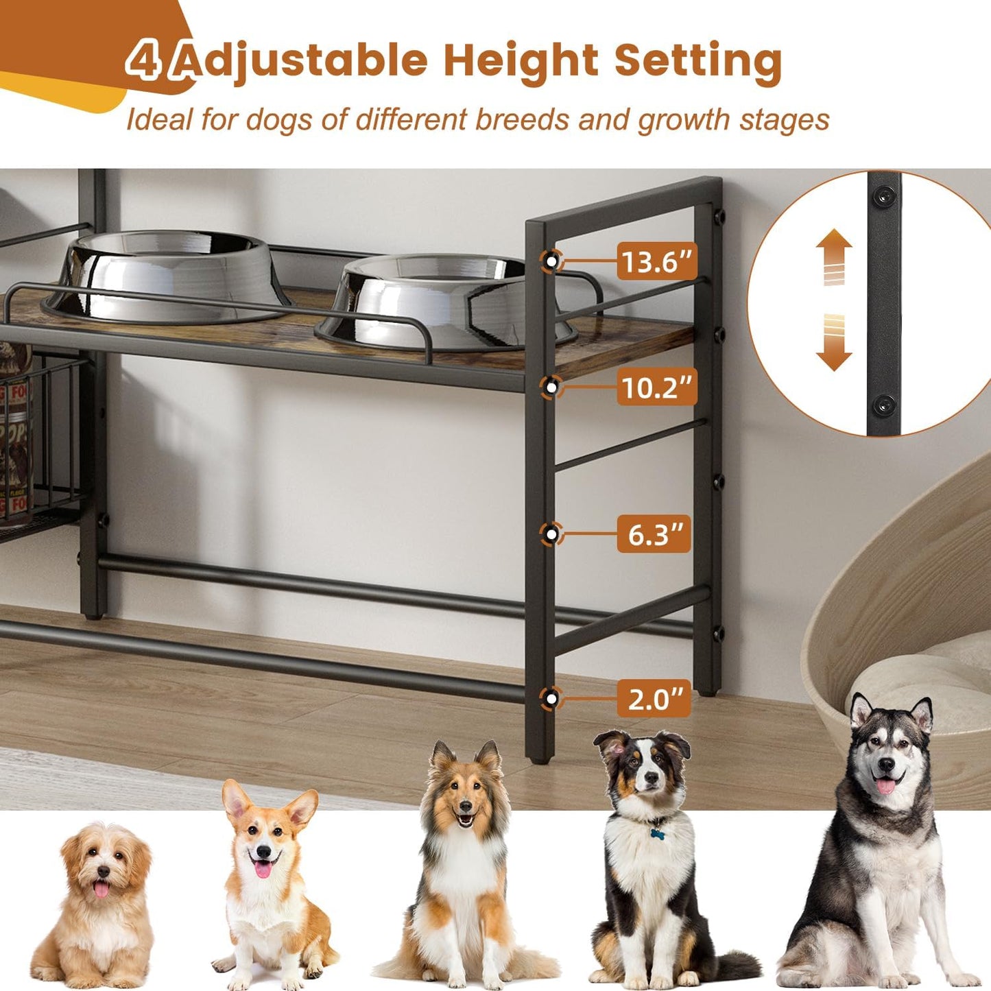 Elevated Dog Bowls, Raised Dog Bowl Stand with Dog Toy Bin Basket Dog Food and Water Bowl Feeding Station, Lifted Dog Bowl Holder Cabinet with Pet Storage Organizer for Large Medium Small Dogs