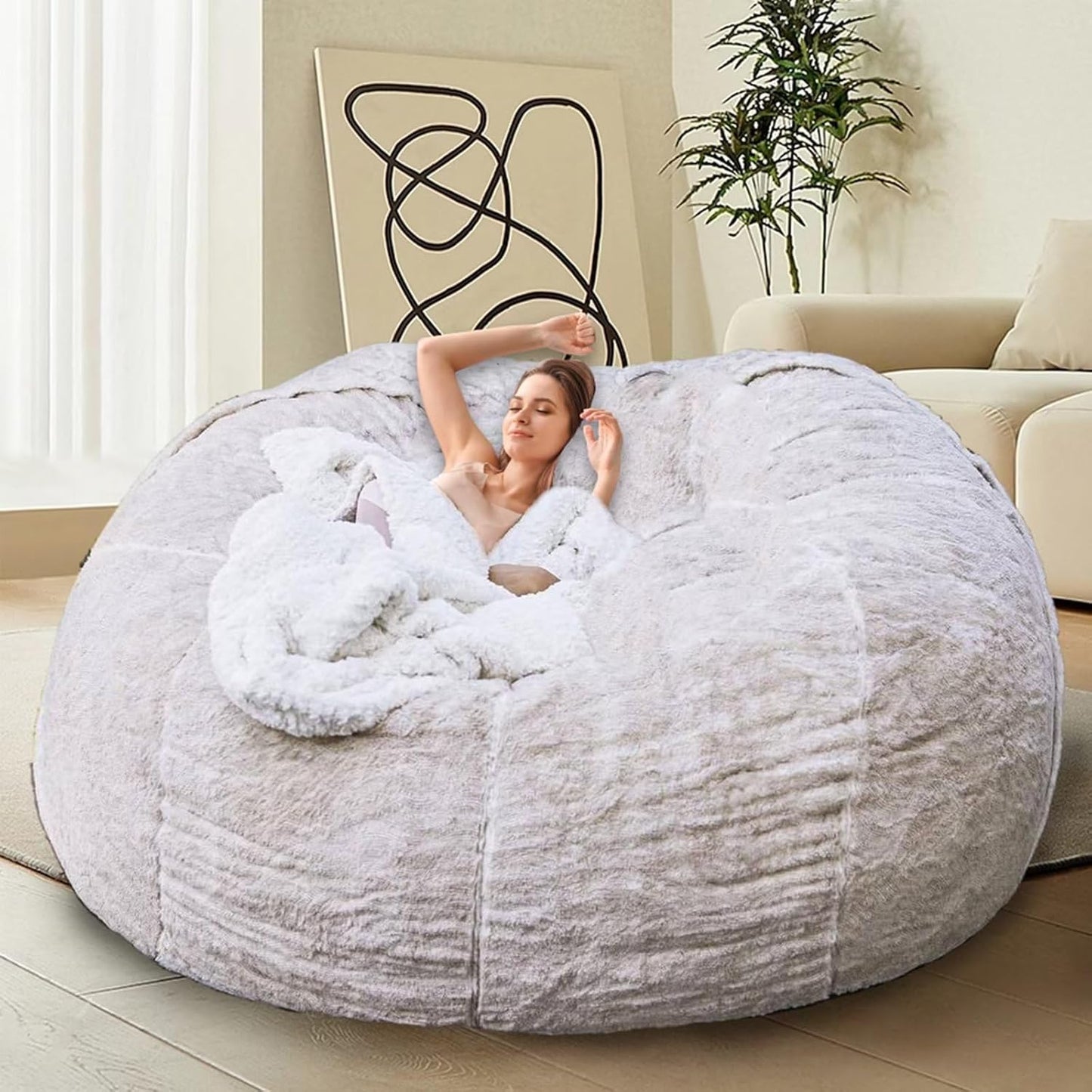 Bean Bag Chair for Adults Kids Without Filling Comfy Fluffy Giant Round Beanbag Lazy Sofa Cover for Reading Chair Floor Chair, 6FT, Grey