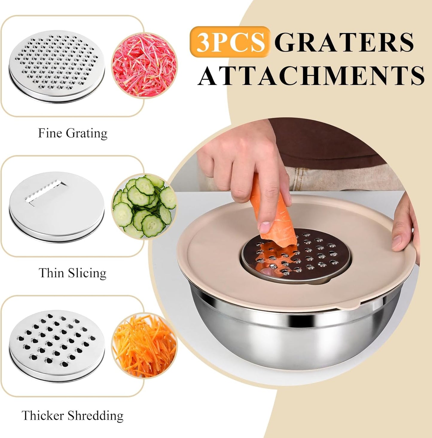 Mixing Bowls with Airtight Lids Set, 20 PCS Kitchen Gadgets Set, 6 Stainless Steel Bowls, 3 Grater Attachments, Non-Slip Silicone Bottoms, Great for Serving&Baking, Size 5, 4, 3.5, 2.1, 1.5, 1.1QT