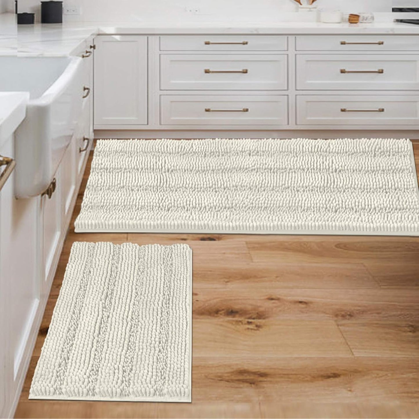 Black Bathroom Rug Set Extra Thick Striped Bath Mats for Bathroom Floor 2 Piece, Anti-Slip Bath Mat Set Soft Plush Chenille Shower Rugs for Bathroom Waterproof (20" x 32"/17" x 24")