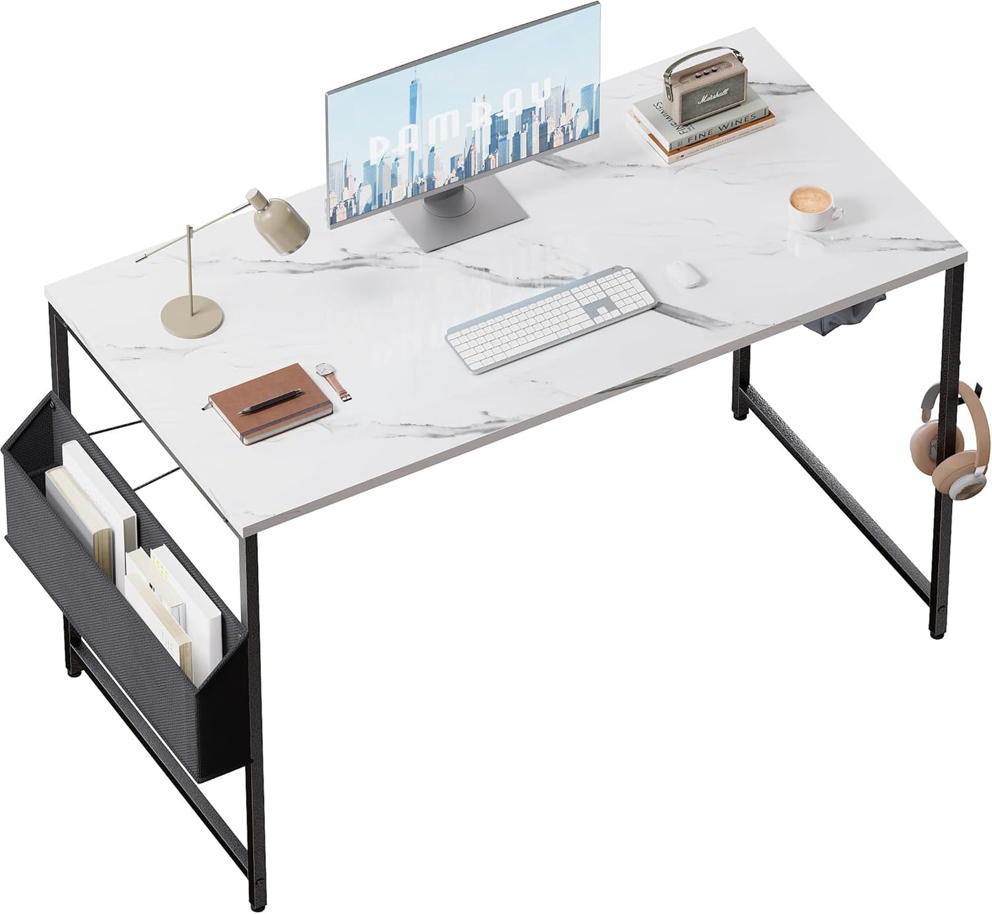 47 Inch Computer Desk for Small Spaces with Storage Bag, Home Office Work Desk with Headphone Hook, Small Office Desk Study Writing Table