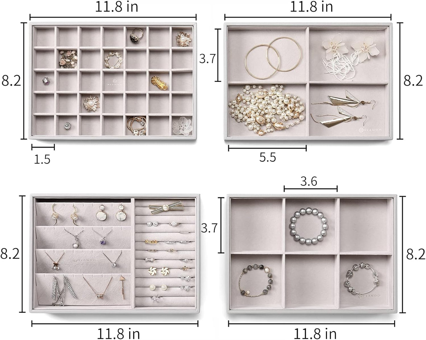 Jewelry Trays Stackable Showcase Display Drawer Organizer Storage Toughened Glass Lid Multi-Purpose Multiple Combinations Large Capacity Multi-Layer Design and Fashion-Grey