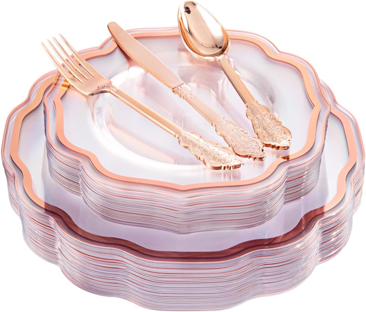 175PCS Pink Plastic Plates - Pink Plates with Gold Disposable Silverware - Include 50 Plates,25 Knives,25 Forks,25 Spoons,25 Cups and 25 Napkins - Ideal for Wedding & Party