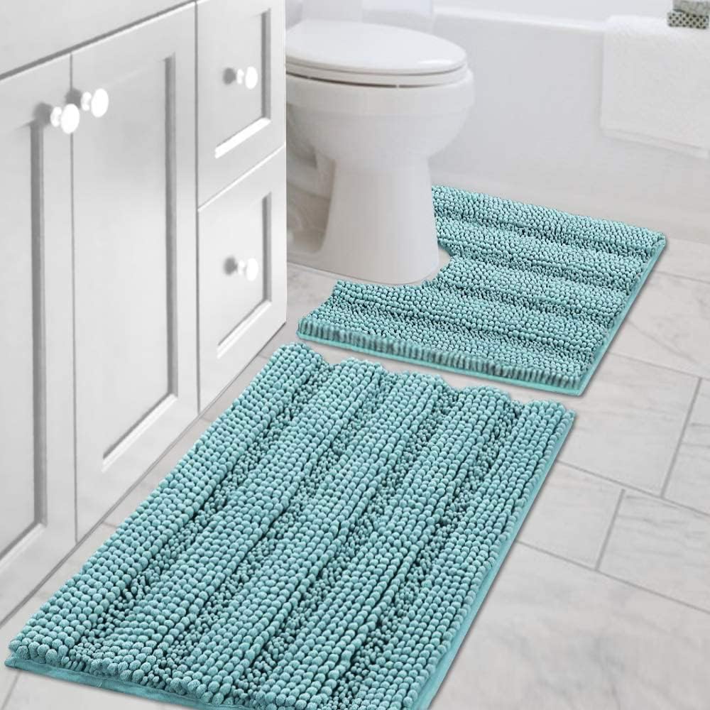 Black Bathroom Rug Set Extra Thick Striped Bath Mats for Bathroom Floor 2 Piece, Anti-Slip Bath Mat Set Soft Plush Chenille Shower Rugs for Bathroom Waterproof (20" x 32"/17" x 24")