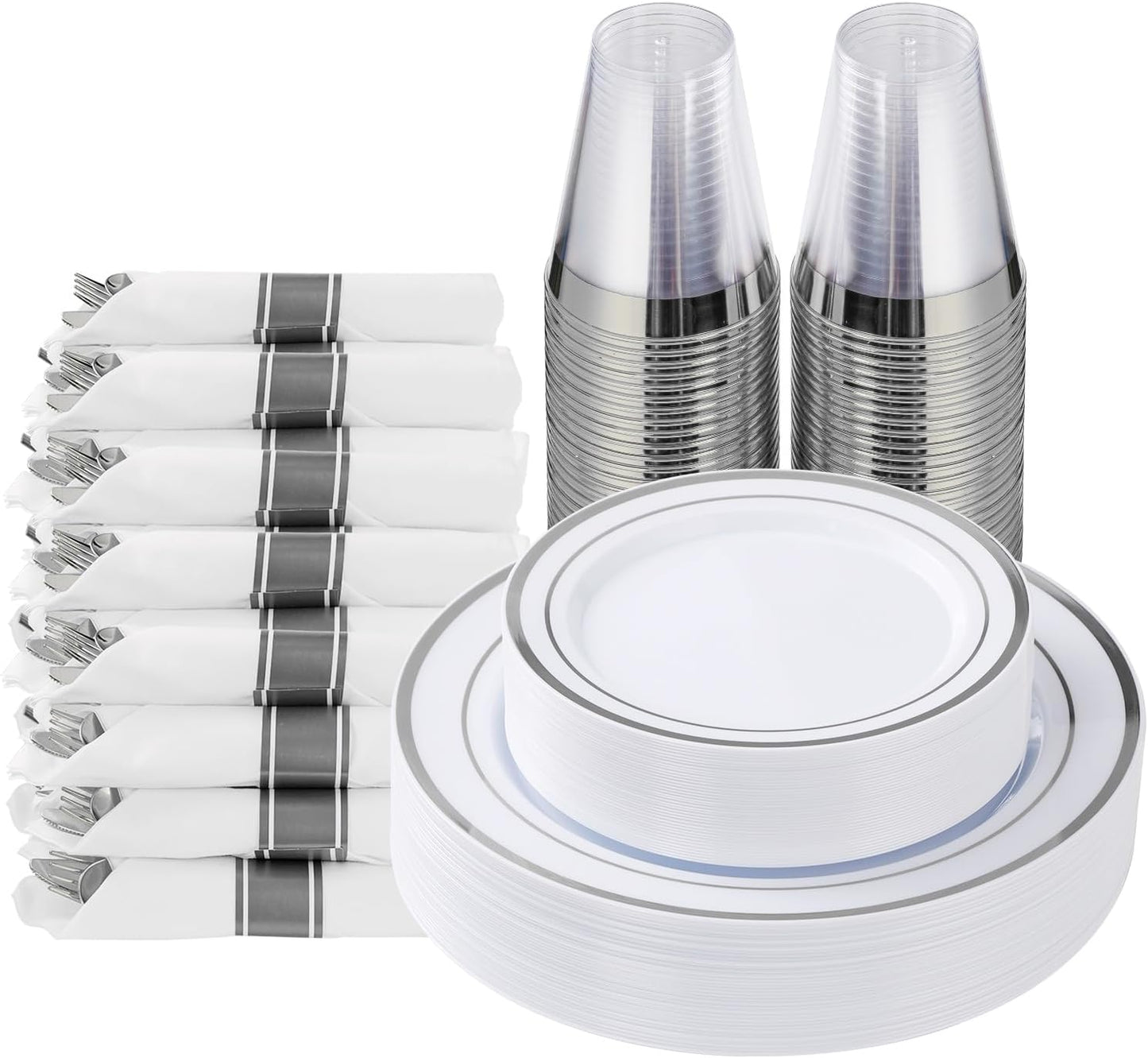 350 Piece Silver Plastic Dinnerware Set for 50 Guests, Fancy Disposable Plates for Party, Include: 50 Dinner Plates, 50 Dessert Plates, 50 Pre Rolled Napkins with Silver Silverware, 50 Cups