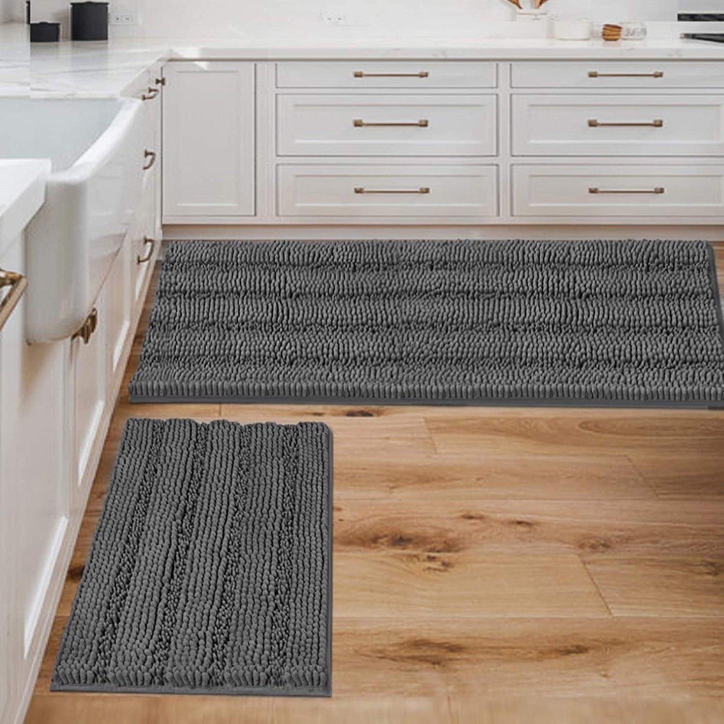 Black Bathroom Rug Set Extra Thick Striped Bath Mats for Bathroom Floor 2 Piece, Anti-Slip Bath Mat Set Soft Plush Chenille Shower Rugs for Bathroom Waterproof (20" x 32"/17" x 24")