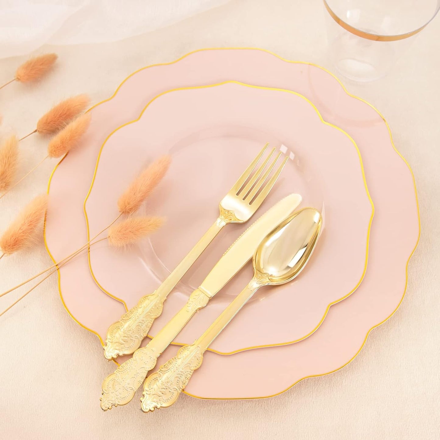175PCS Pink Plastic Plates - Pink Plates with Gold Disposable Silverware - Include 50 Plates,25 Knives,25 Forks,25 Spoons,25 Cups and 25 Napkins - Ideal for Wedding & Party