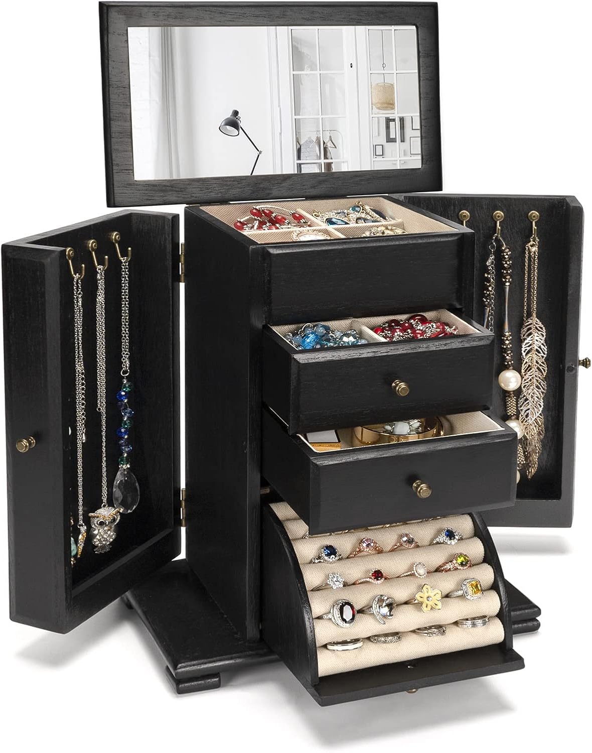 Jewelry Box for Women, Rustic Wooden Jewelry Boxes & Organizers with Mirror, 4 Layer Jewelry Organizer Box Display for Rings Earrings Necklaces Bracelets (Rustic Brown)