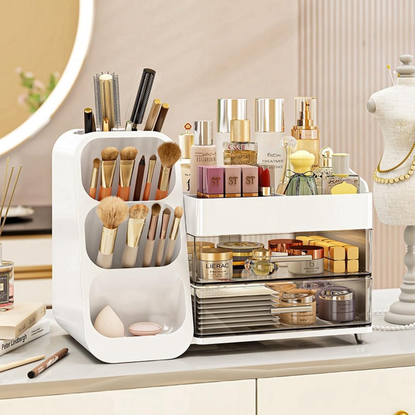 Makeup Organizer with Drawers,Large Capacity Countertop Organizer for Vanity,Bathroom and Bedroom Desk Cosmetics Organizer,Easy To Storage Skincare,Brushes, Eyeshadow, Lotions, Lipstick (Cream)