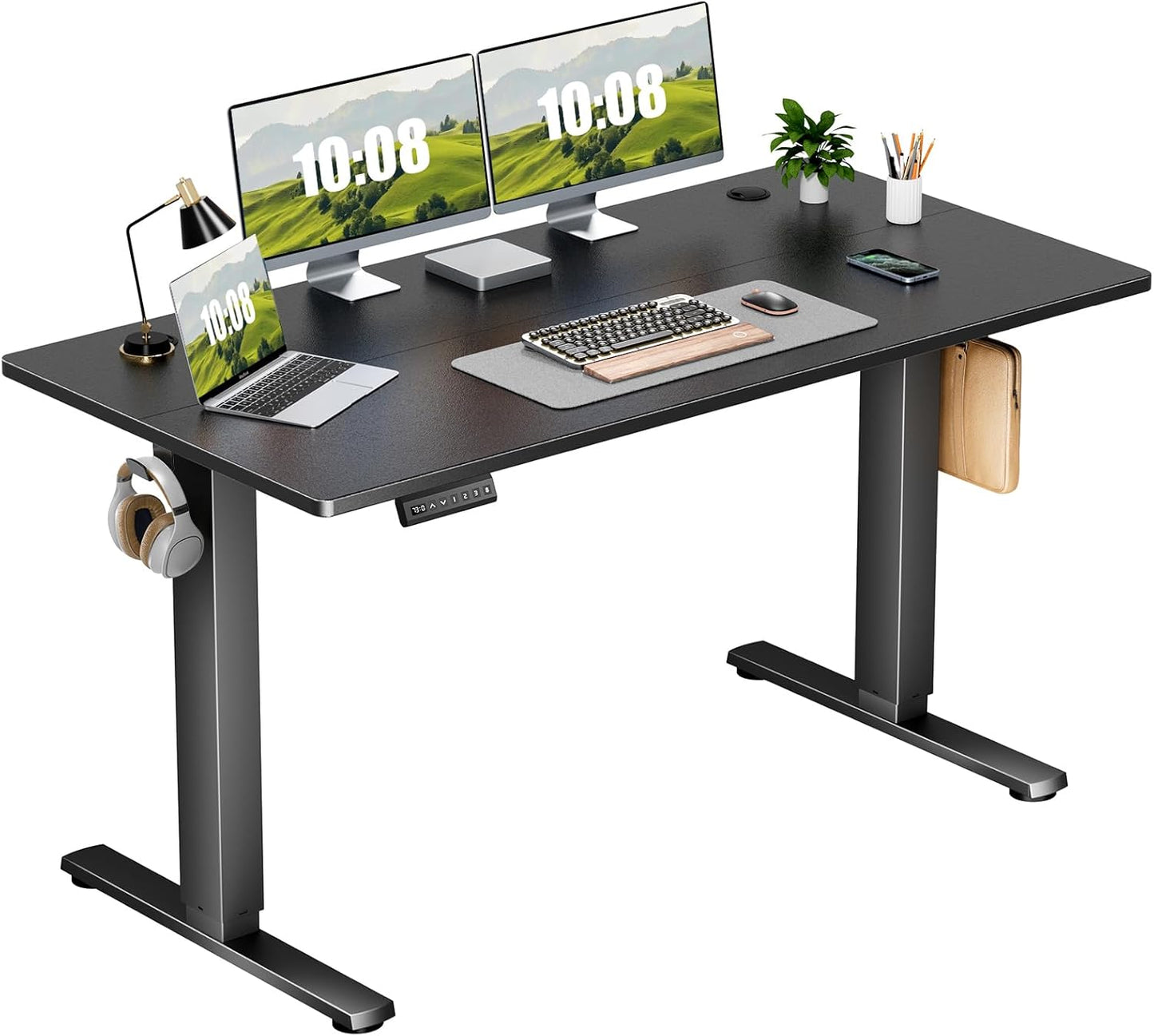 Electric Adjustable Height Standing Desk - 40 x 24 inch Sit to Stand Up Desk with Splice Board, Rising Home Office Computer Table with 2 Hook and Wire Hole for Work
