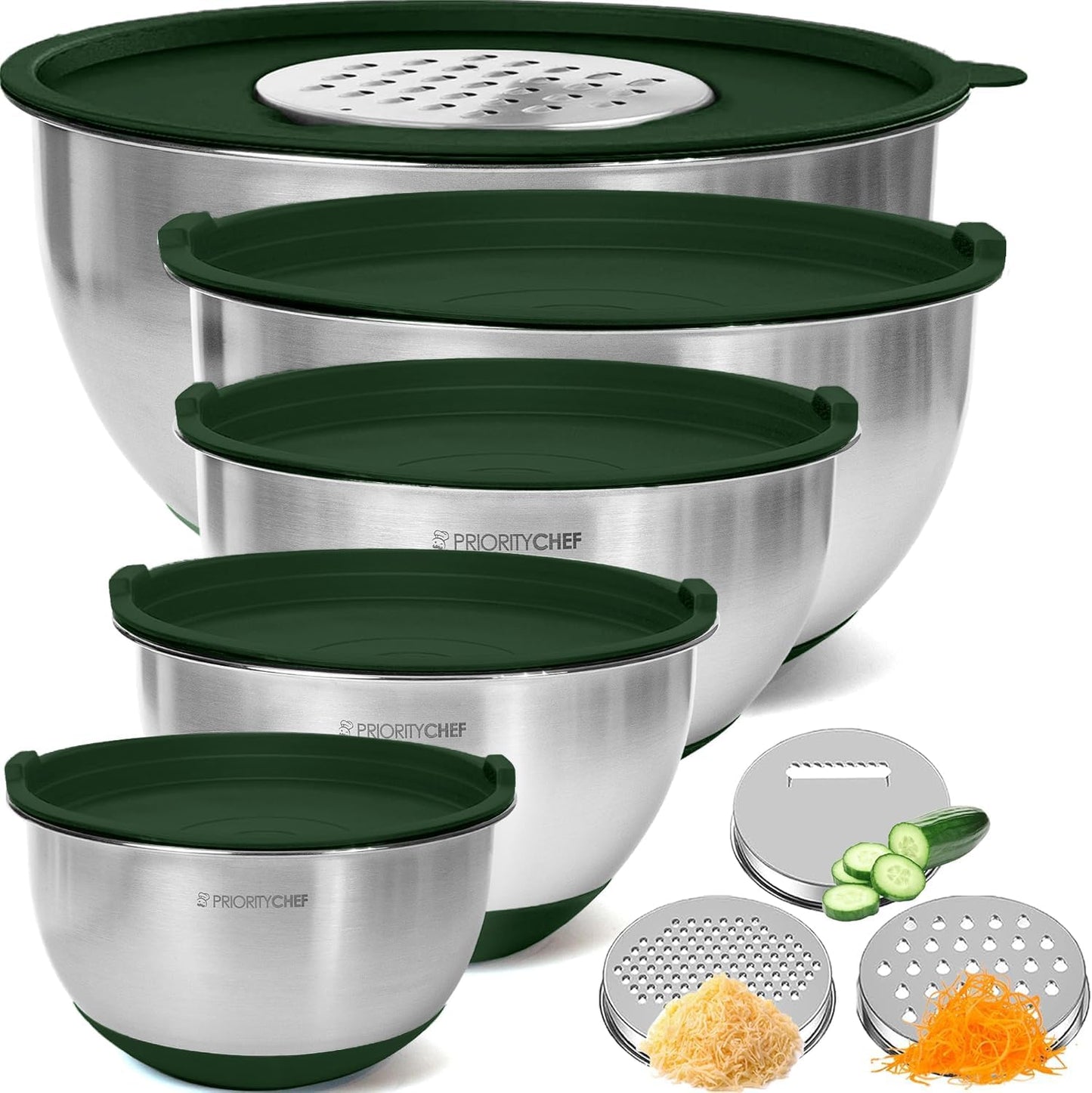 Stainless Steel Mixing Bowls with Lids Set, 3 Grater Attachments, Airtight Lids, Non-Slip Silicone Base Mixing Bowl Set, Large Prep Metal Mixing Bowls for Kitchen, Black