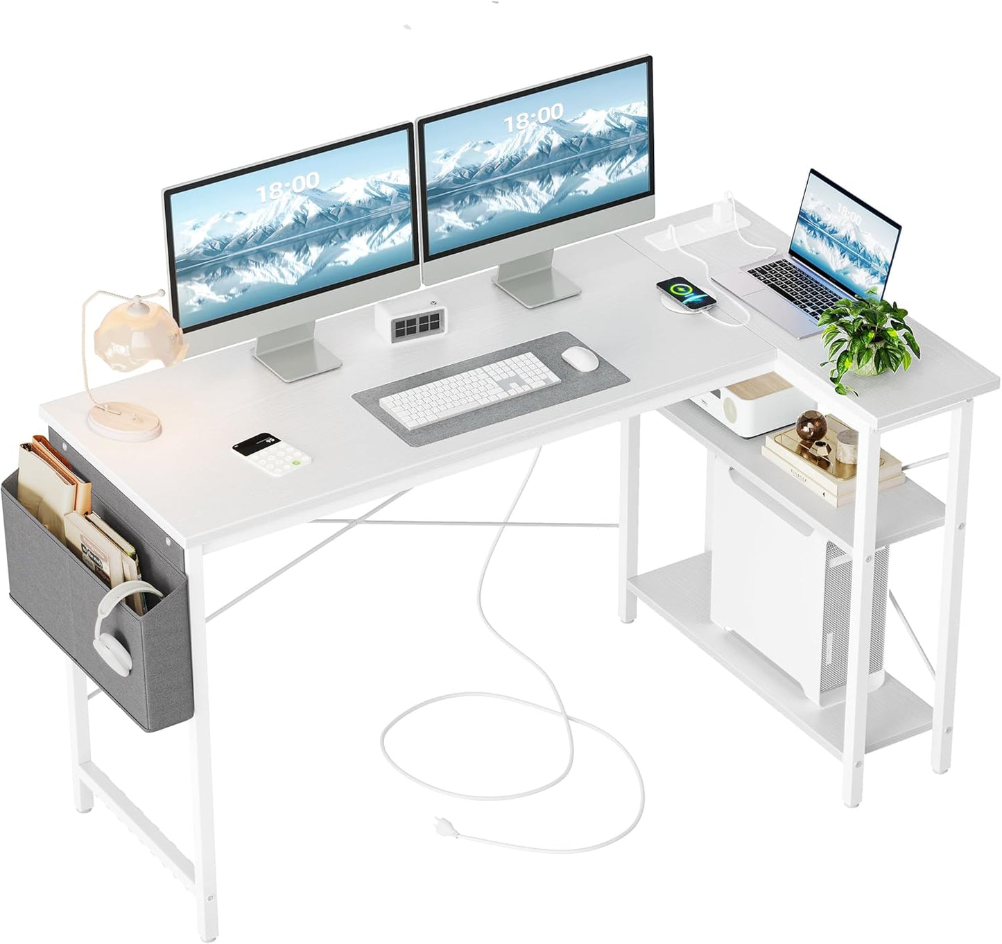 Small Computer Desk with Power Outlets, 40 Inch L Shaped Desk with Reversible Shelves, Gaming Desk Corner Desk Study Writing Table for Home Office Bedroom Living Room, Black