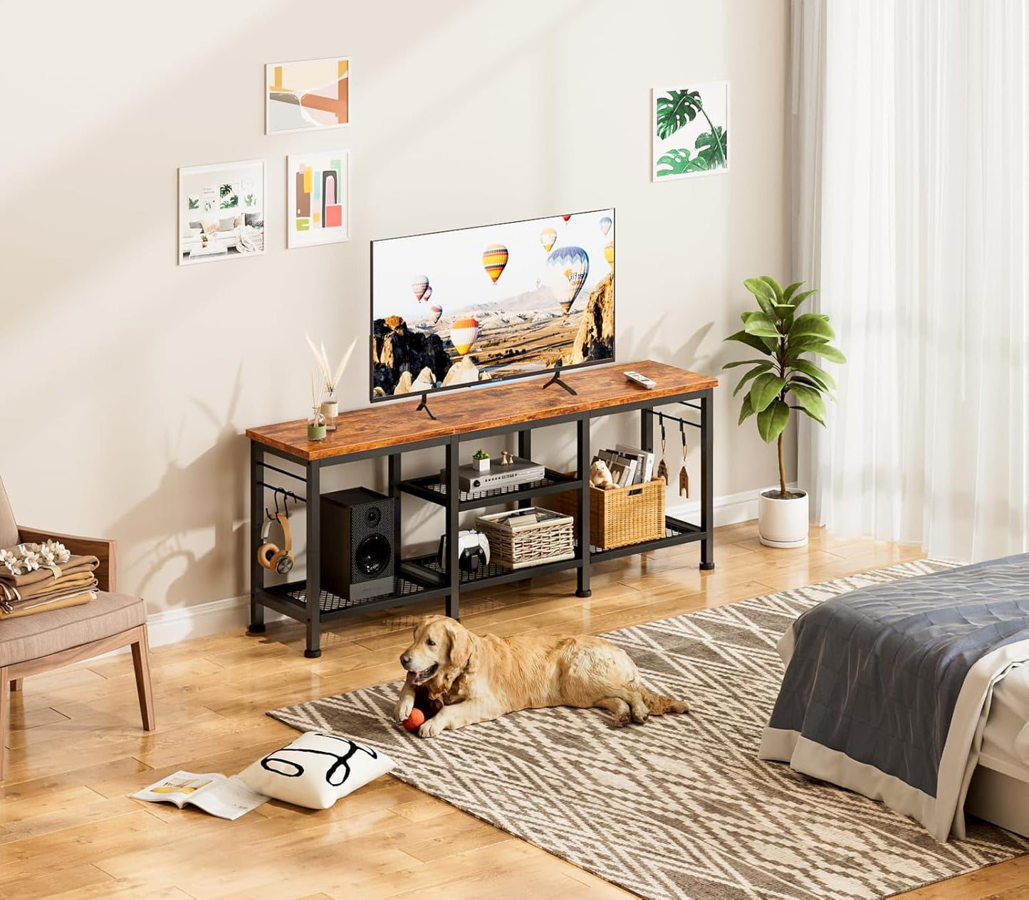 TV Stand for TVs up to 55 Inch, Entertainment Center with Open Storage Shelves, TV Media Console Table with Soundbar Shelf for Living Room, Bedroom, Rustic Brown