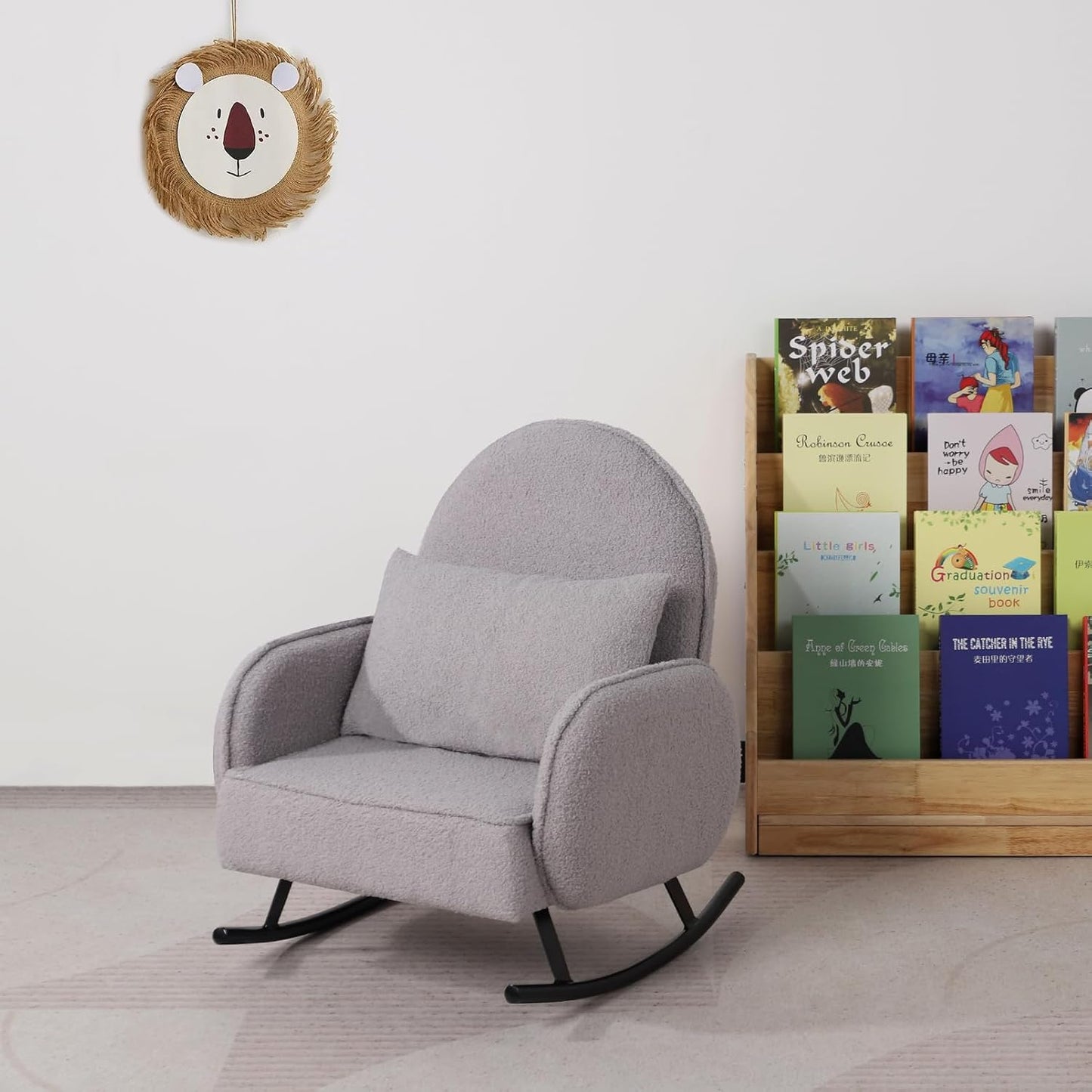 Single Kid Rocking Sofa with Sherpa Fabric, Kid Armchair with Shaky Metal Foot,Individual Pillow Toddler Sofa Chair for Kid Sitting (Grey)