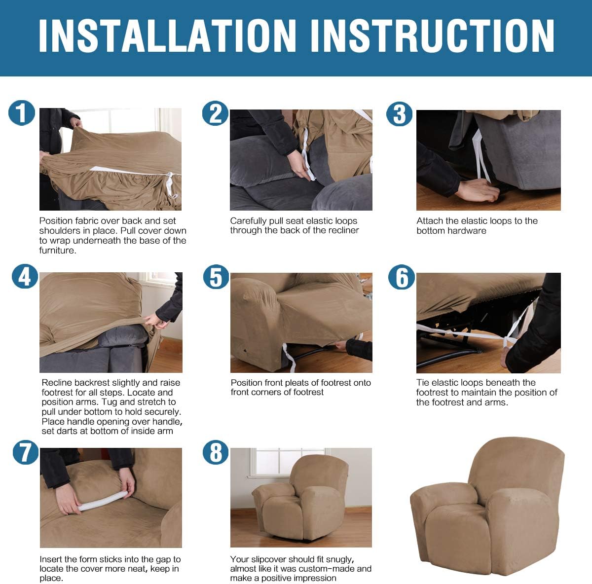 Stretch Recliner Covers 1-Piece Lazy Boy Recliner Chair Covers with Pocket Nonslip Recliner Slip Cover Stay in Place with Elastic Bottom Feature Velvet Plush Fabric(Recliner, Camel)