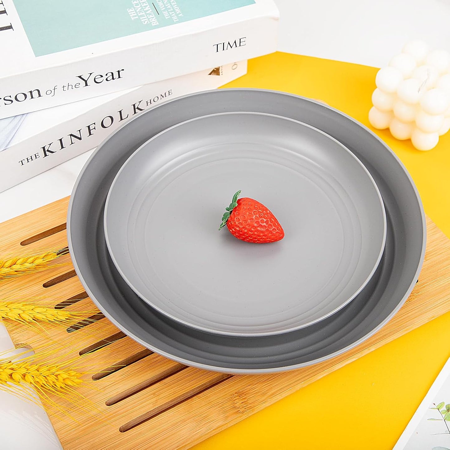 48pcs Grey Straw Dinnerware Set, Plates and Bowls Set, Camping Dish Set for 12, Plastic Dinnerware Set, Dishwasher Safe Dinnerware Set, Unbreakable Plates, Camper Dish Sets, Reusable Tableware