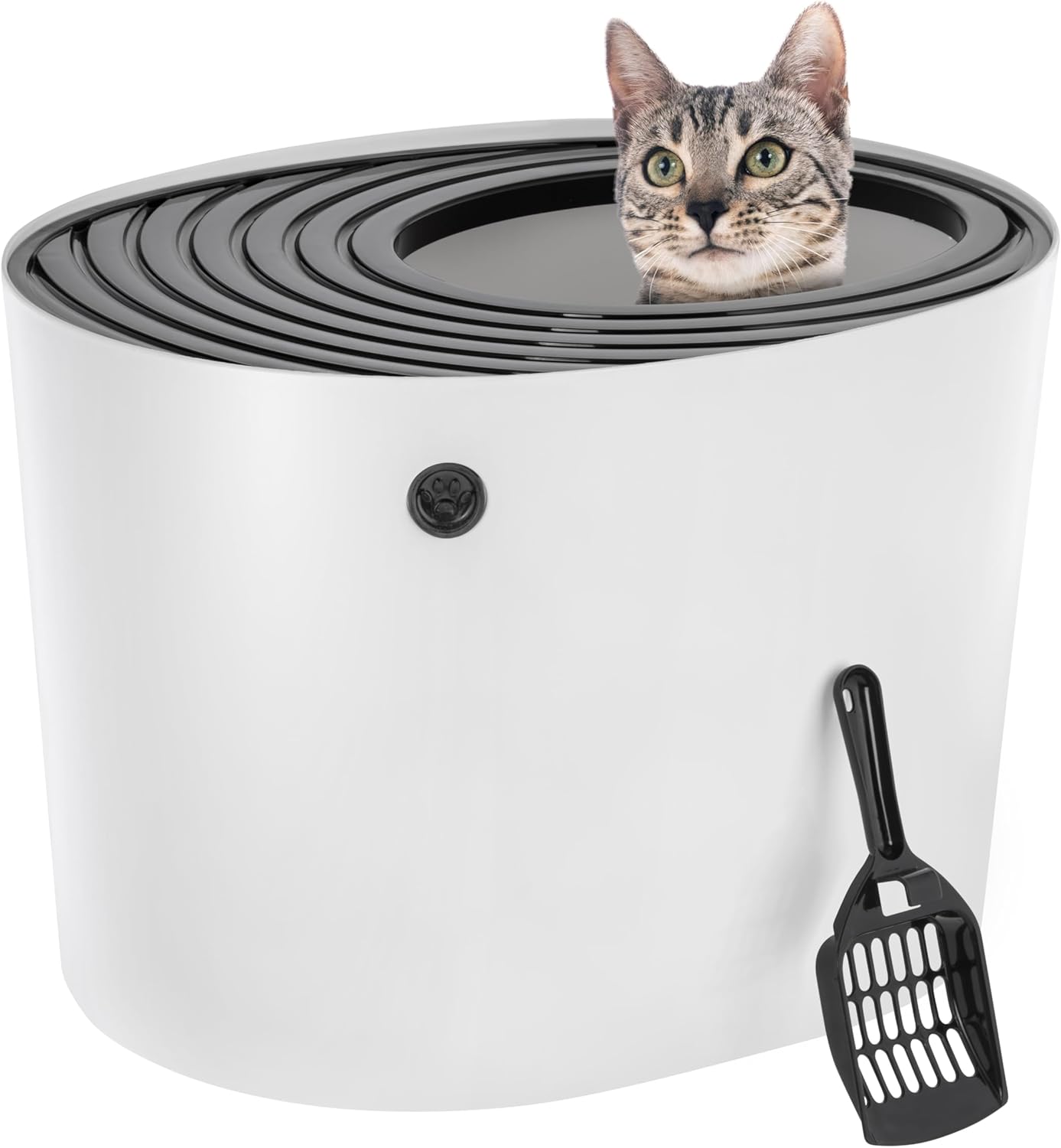 Cat Litter Box, Top Entry Litter Box with Scoop, Stylish Round Cat Litter Box Enclosure, Kitty Litter Box, White/Beige
