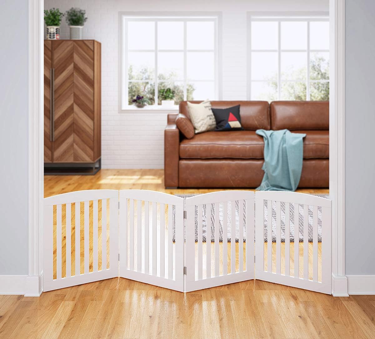 Wooden Freestanding Foldable Pet Gate for Dogs, 24 inch 4 Panels Step Over Fence, Dog Gate for The House, Doorway, Stairs, Extra Wide (White, 24" Height-4 Panels)