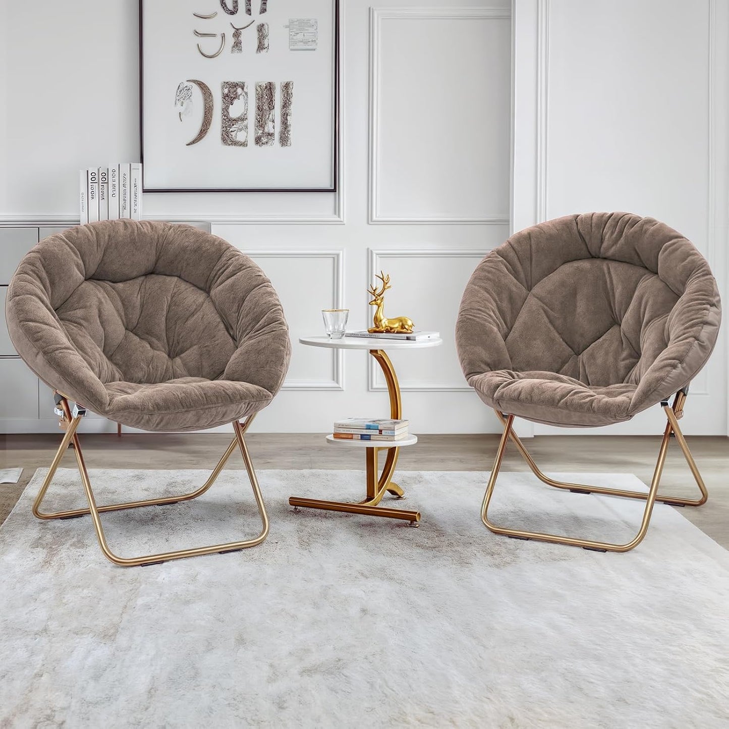Round Folding Faux Fur Saucer Chair for Bedroom Living Room Dorm Foldable Metal Frame Oversized Large Comfy Furry Padded Soft Lounge Lazy Cozy Moon Chair for Adults (Beige, 2 Pieces)