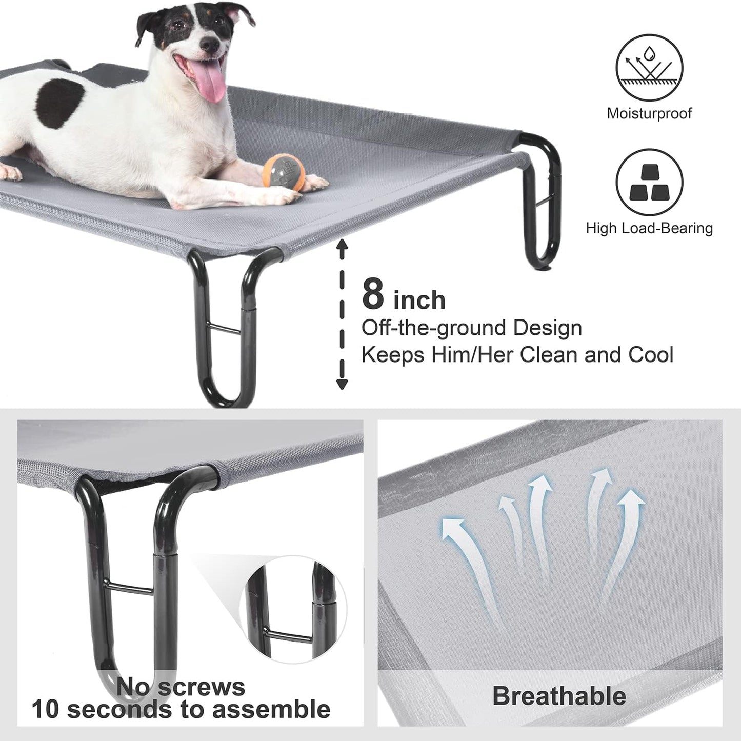 Elevated Outdoor Dog Bed - Raised Dog Bed for Large Dogs, Waterproof Dog Cot Bed Easy to Assemble, Cooling Elevated Dog Bed with Breathable Teslin Mesh, Durable, Non Slip, Up to 65 lbs,Grey