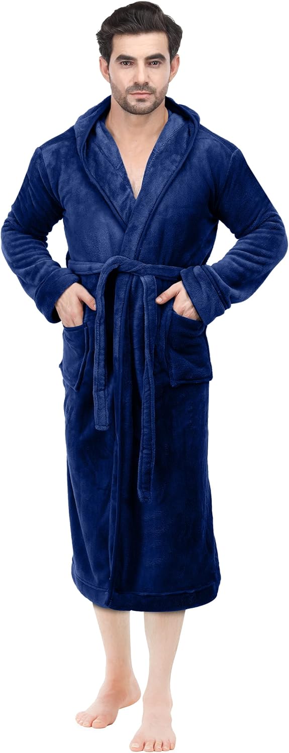 Men's Hooded Fleece Bathrobe Plush Long Spa Robe