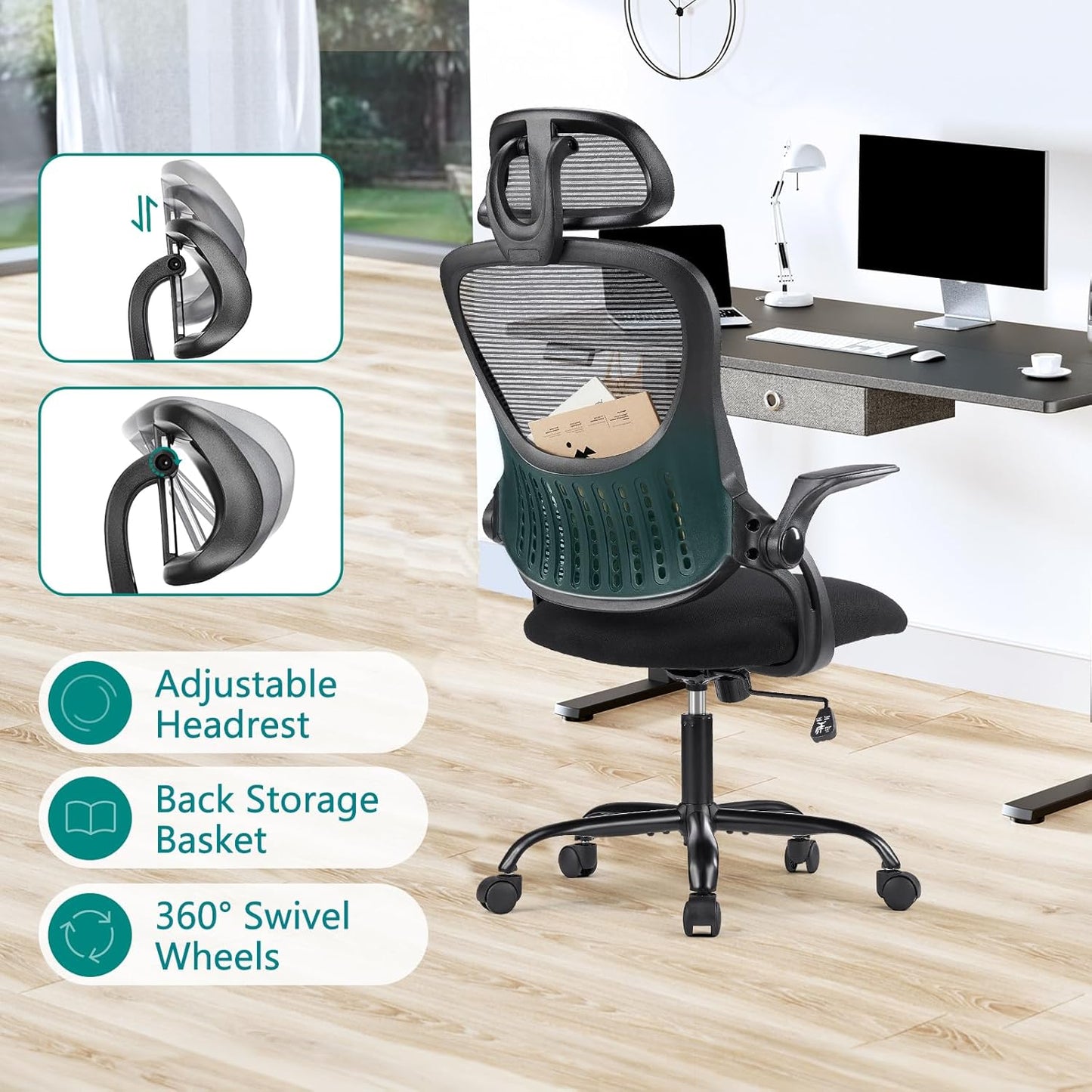 Home Office Desk Chair, Ergonomic Computer Managerial Executive Chairs High-Back Work Swivel Task Chairs with Wheels, Lumbar Support, Comfy Flip-up Armrest for Gaming, Study, Student, Black