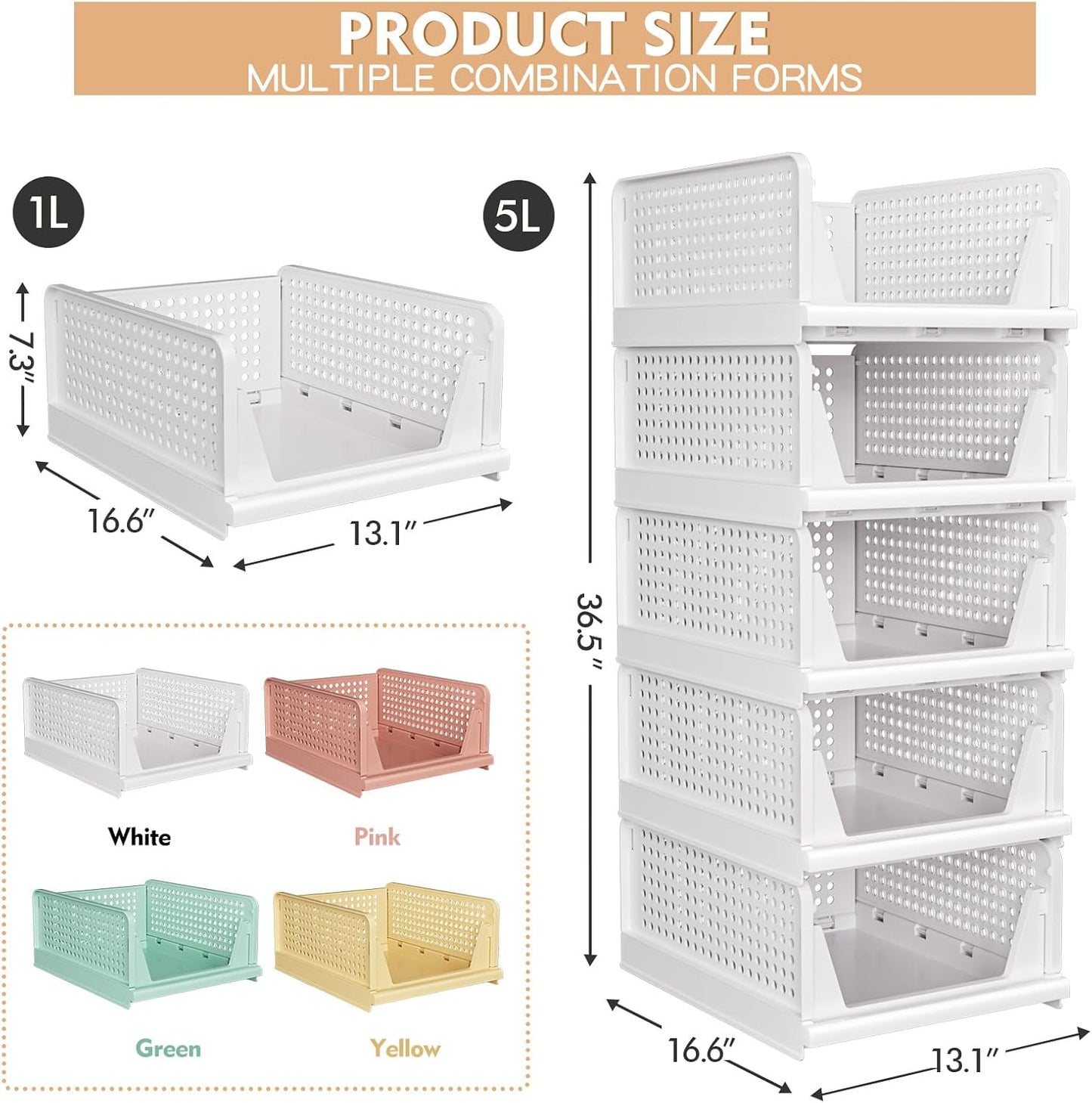 5 Pack Folding Closet Organizers Storage Box, Stackable Plastic Storage Basket, Closet Organizers and Storage Drawer Shelf Storage, Storage Container for Cupboard Kitchen Bathroom, White