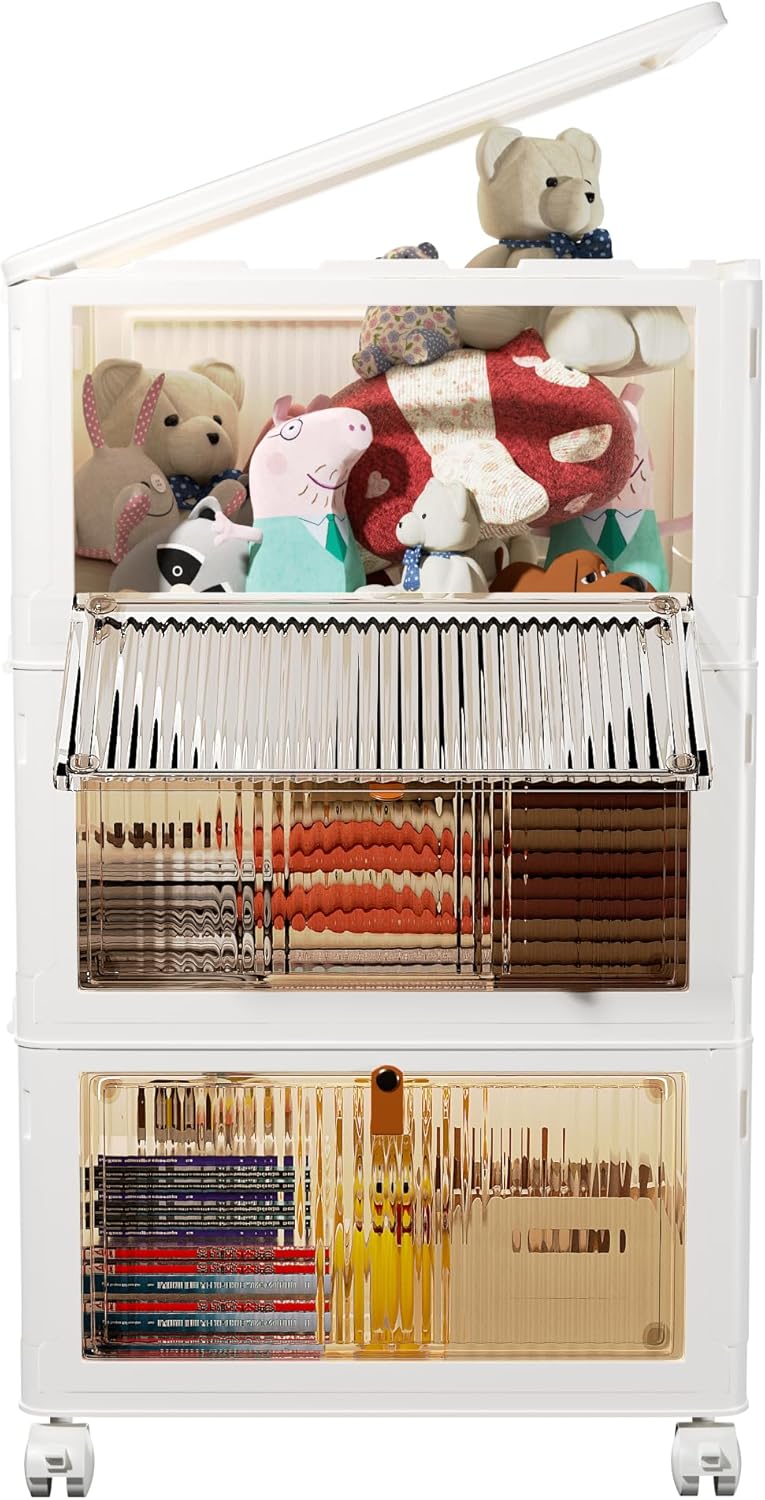 4 Tier Stackable Storage Bins with Lids, 23Qt Plastic Storage Containers with Magnetic Doors & Wheels, Collapsible Storage Bins Closet Organizers, Foldable Organization for Home, Party, Office, Dorm