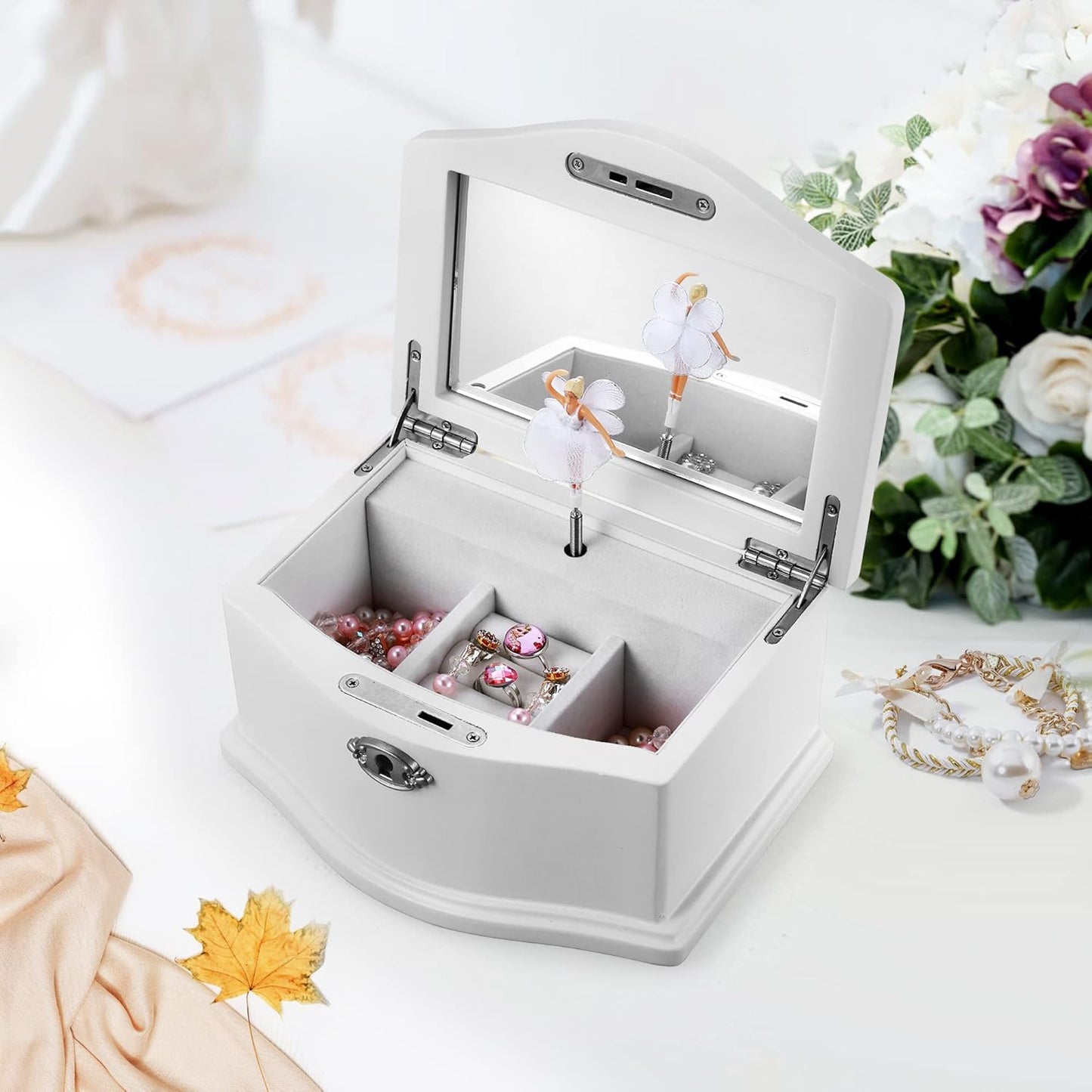 Wooden Ballerina Medium White Musical Jewelry Box with Mirror and Lock for girls,Kid's Jewelry Storage Music Box,Gift for Holidays