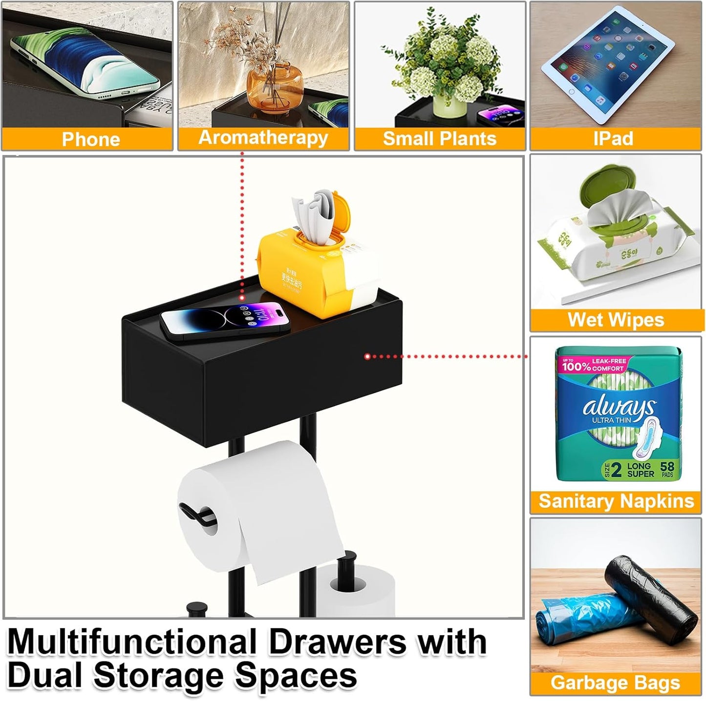 Free Standing Toilet Paper Holder with Shelf,Stand Mega Roll Toilet Paper Holder with Storage,Freestanding Tp Holder with Drawer for Wipes,No Drill,Matte Black,Bathroom