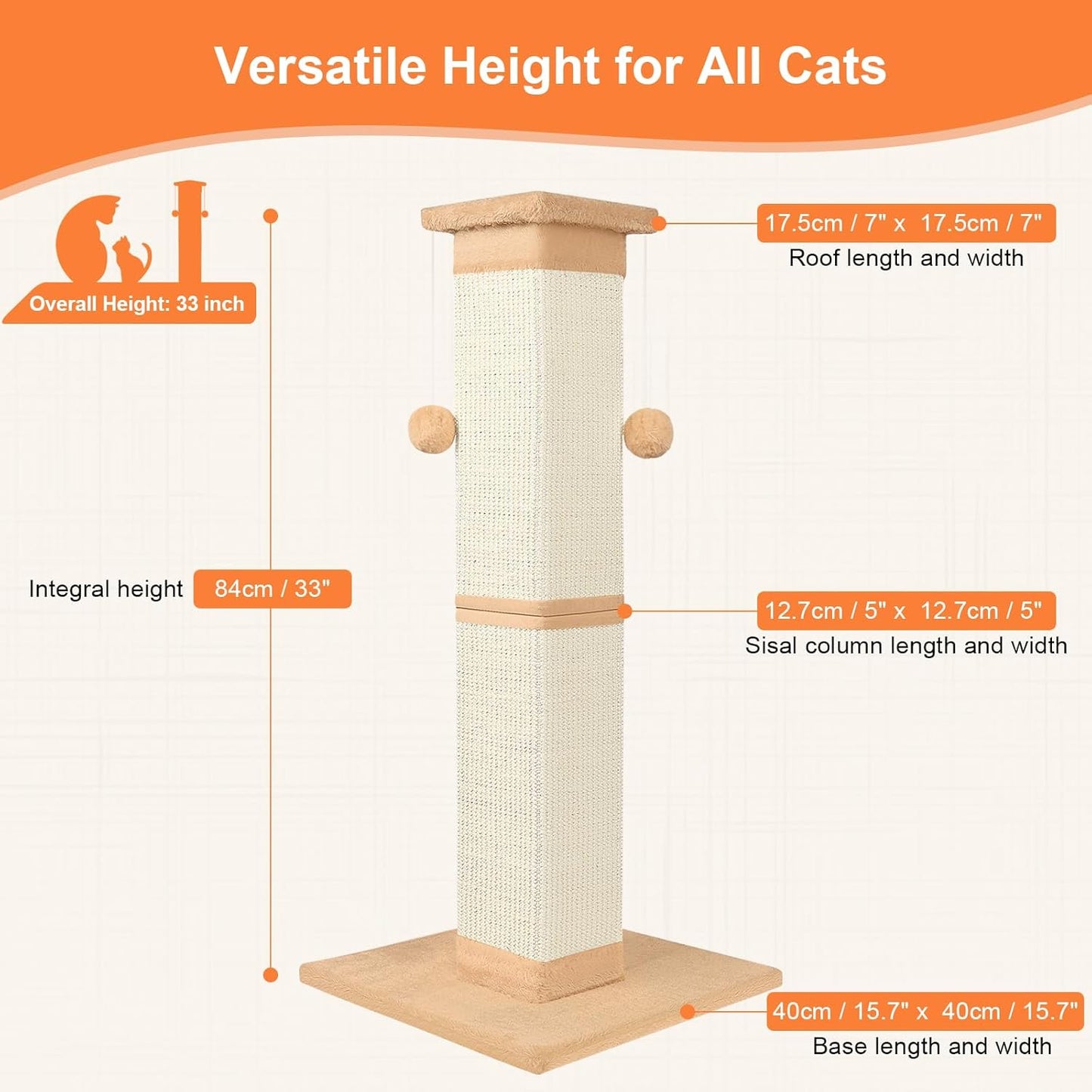 Cat Scratching Post 33 Inch Nature Sisal Cat Scratch Post for Indoor Cats, Large Cat Scratcher Protect Your Furniture Orange