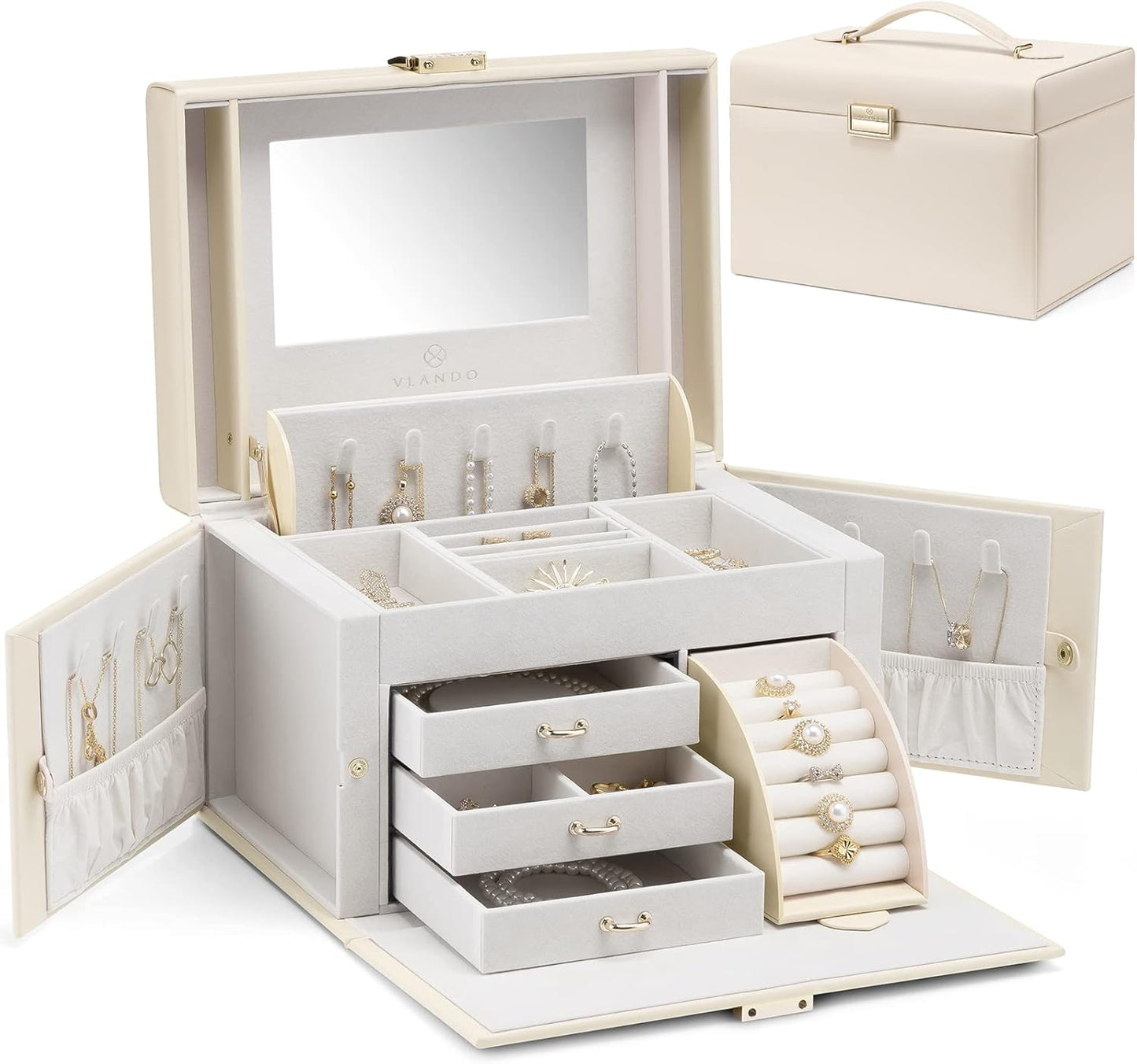 Jewelry Box Organizer for Girls Women, Large Jewelry Holder Organizer with Mirror, 3 Drawers for Bracelets, Earrings, Rings, Necklaces, Mothers Day Gifts for Loved One, Apricot White