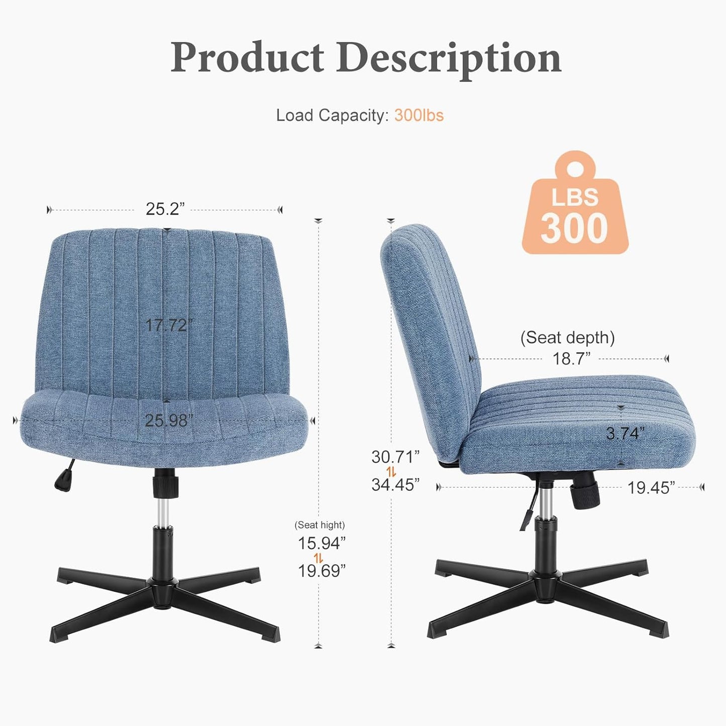 Criss Cross Chair Legged, Armless Office Desk Chair No Wheels, Swivel Vanity Chair, Height Adjustable Wide Seat Computer Task Chair, Fabric Vanity Modern Home Chair Blue